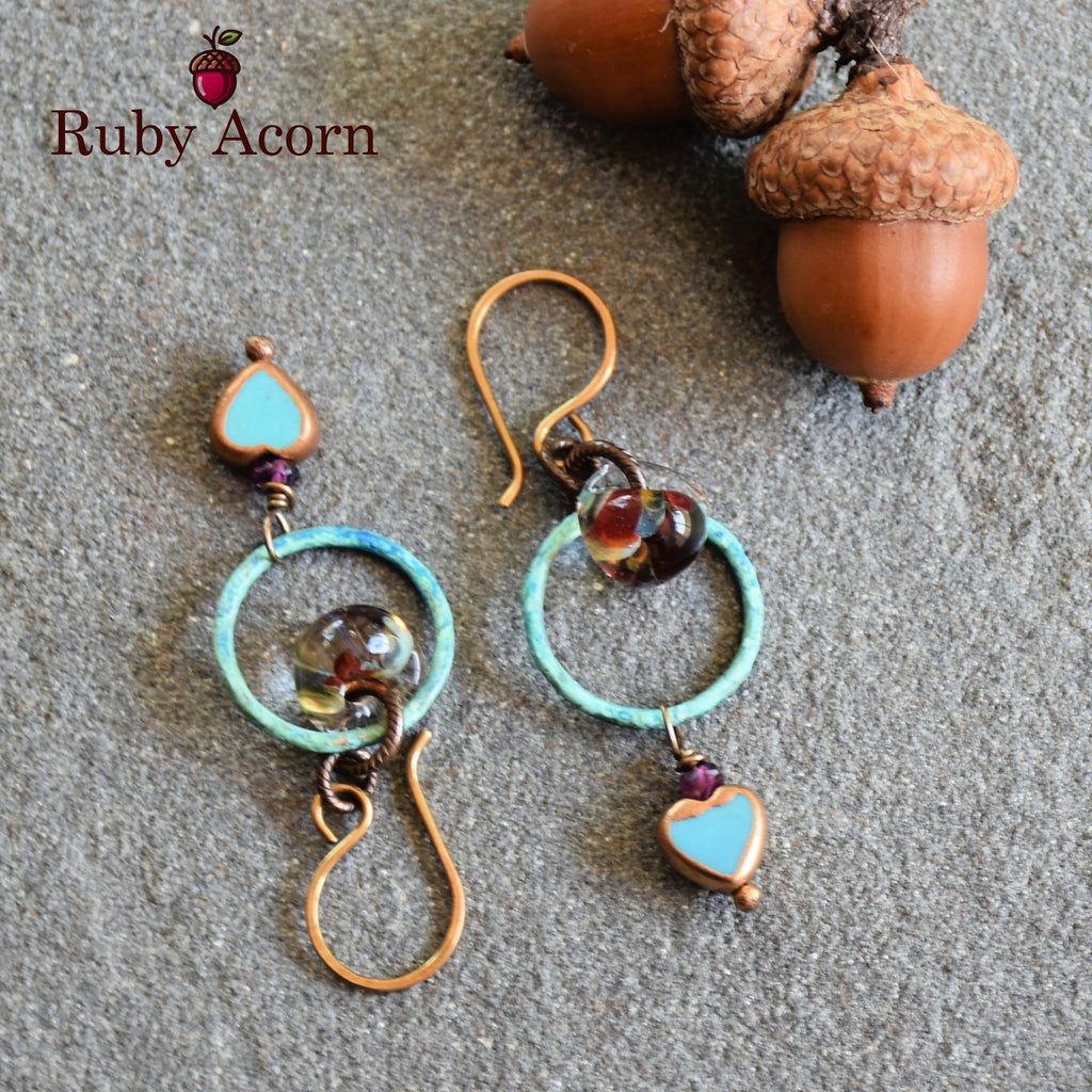 Sweetheart Handmade Dangle Earrings, Genuine Natural Blue Turquoise Gold Copper Edging Hearts, Lampwork Glass