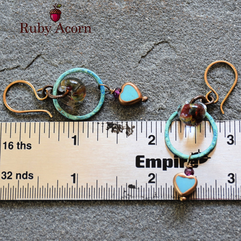 Sweetheart Handmade Dangle Earrings, Genuine Natural Blue Turquoise Gold Copper Edging Hearts, Lampwork Glass