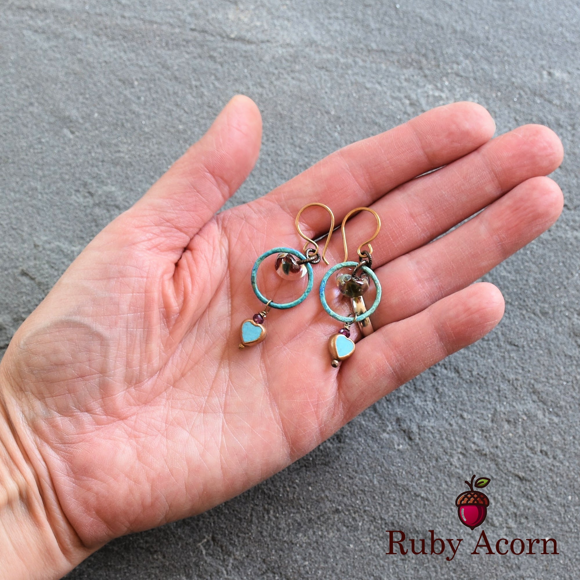 Sweetheart Handmade Dangle Earrings, Genuine Natural Blue Turquoise Gold Copper Edging Hearts, Lampwork Glass