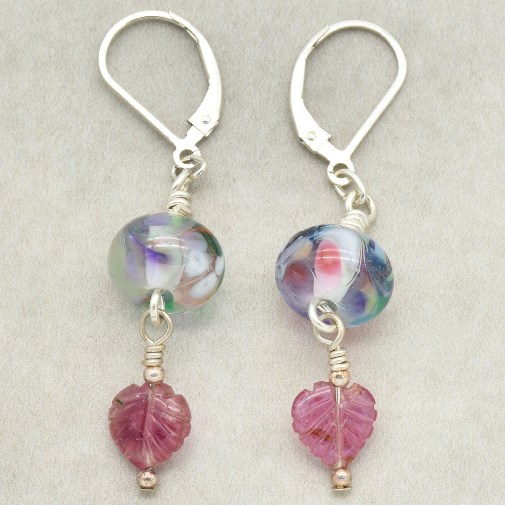 Think Pink Handmade Dangle Earrings, Artisan Lampwork Pastel Glass, Sterling Silver, Pink Tourmaline