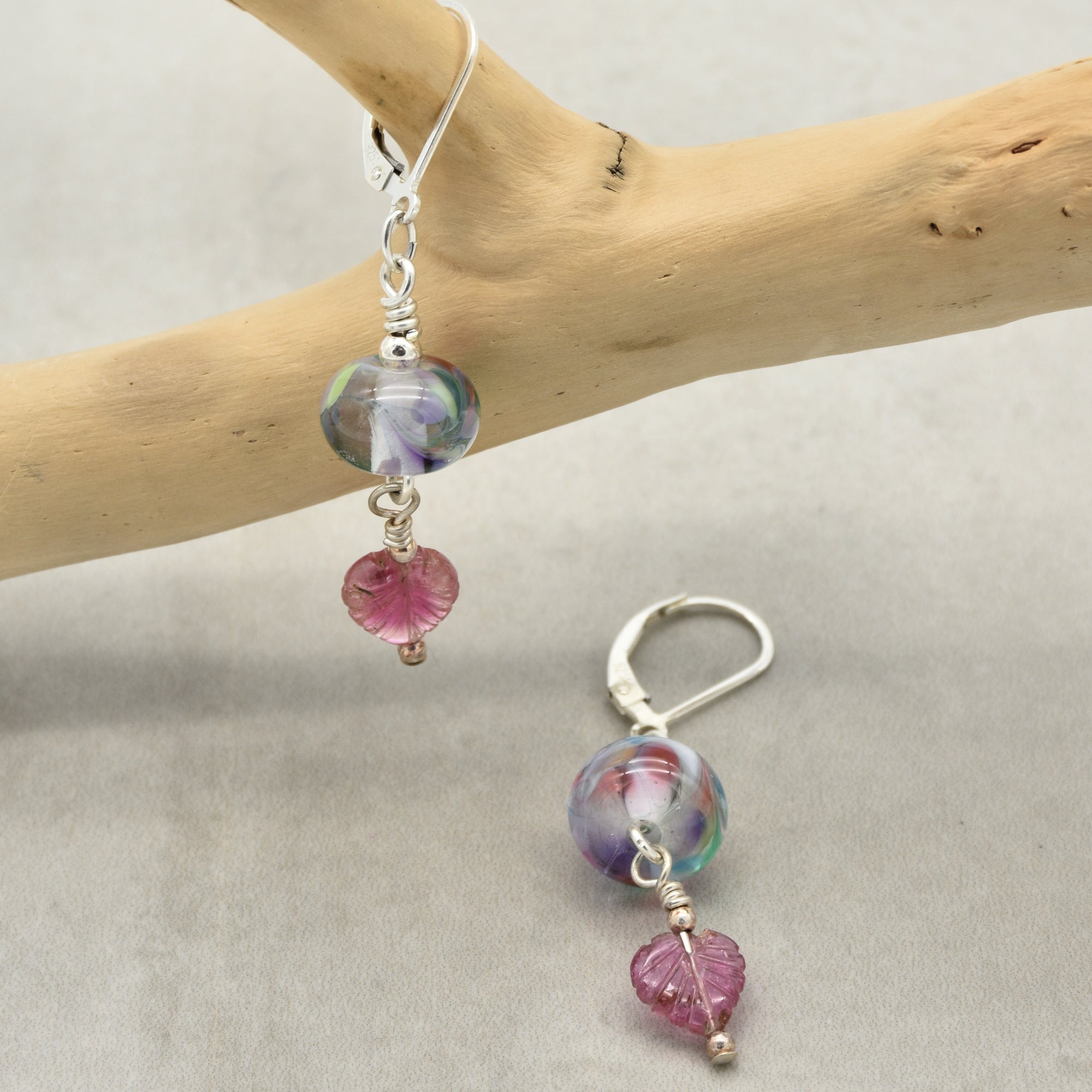 Think Pink Handmade Dangle Earrings, Artisan Lampwork Pastel Glass, Sterling Silver, Pink Tourmaline