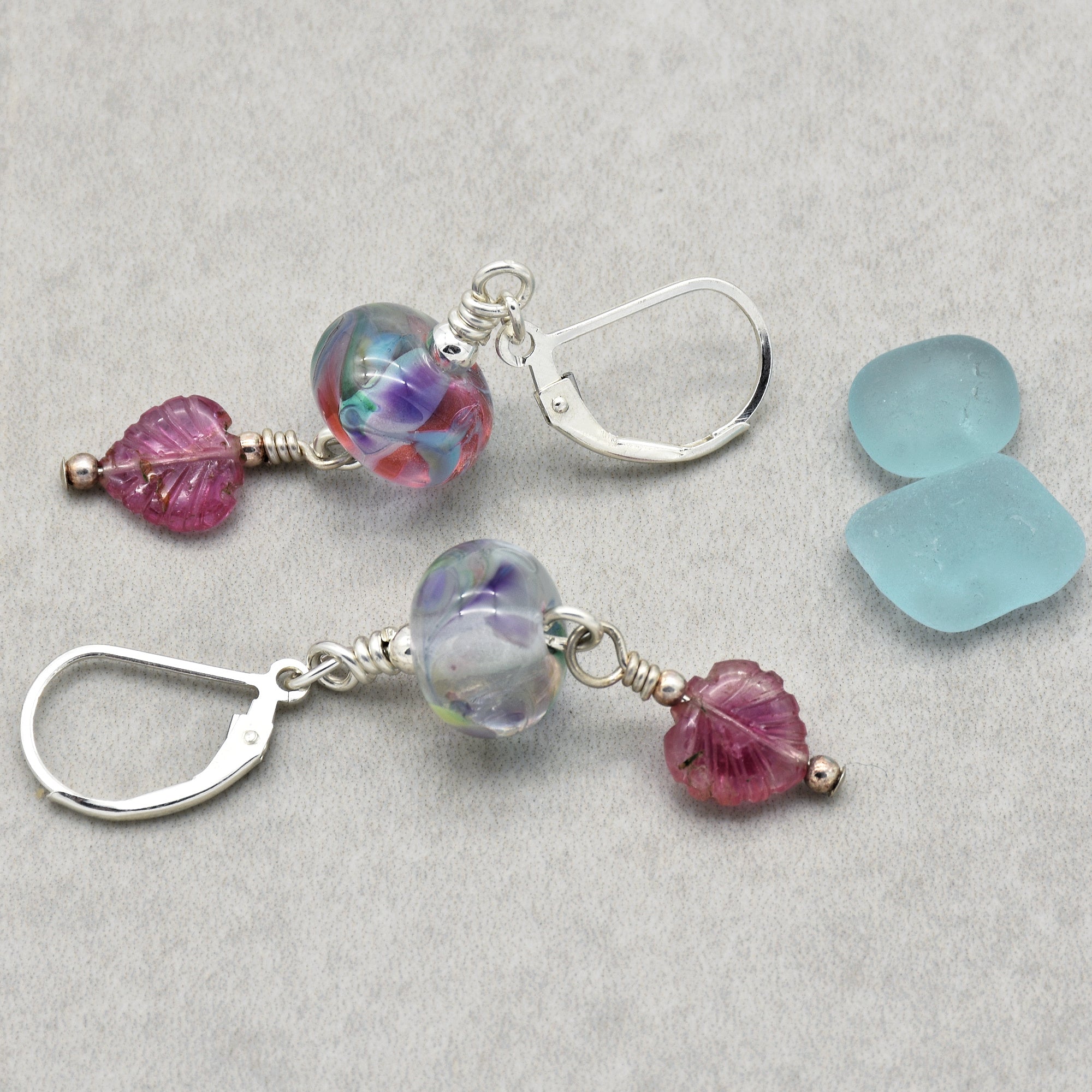 Think Pink Handmade Dangle Earrings, Artisan Lampwork Pastel Glass, Sterling Silver, Pink Tourmaline
