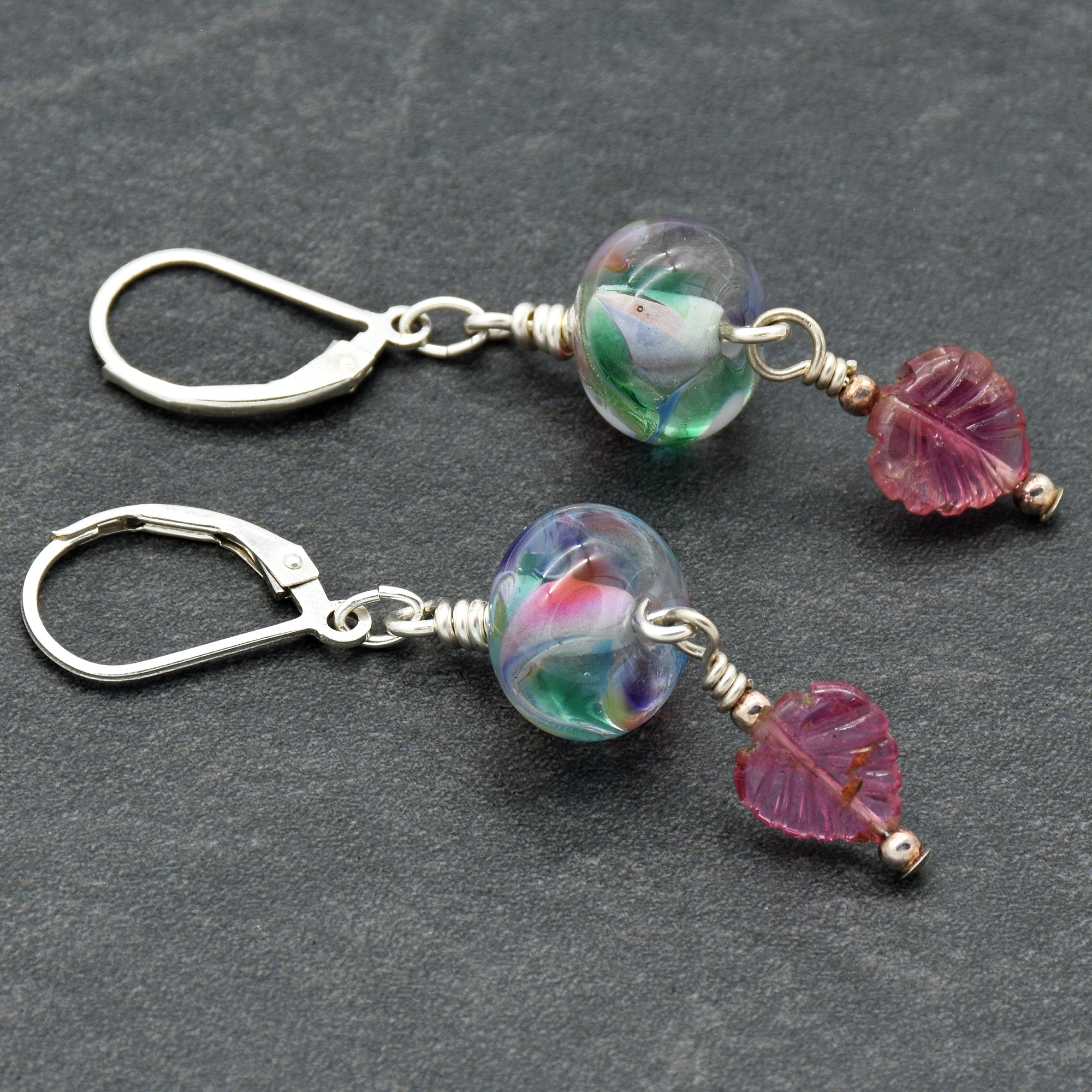 Think Pink Handmade Dangle Earrings, Artisan Lampwork Pastel Glass, Sterling Silver, Pink Tourmaline