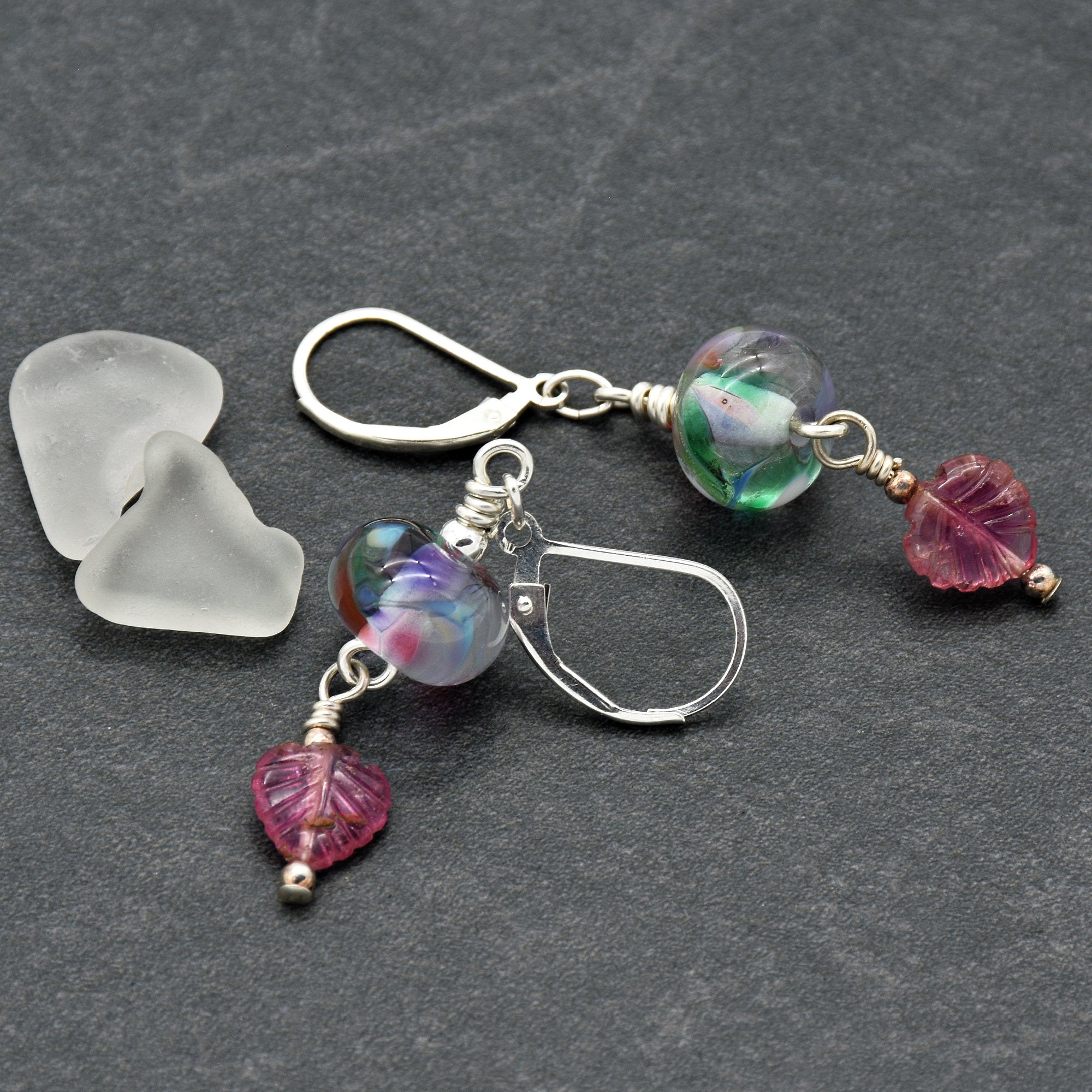 Think Pink Handmade Dangle Earrings, Artisan Lampwork Pastel Glass, Sterling Silver, Pink Tourmaline