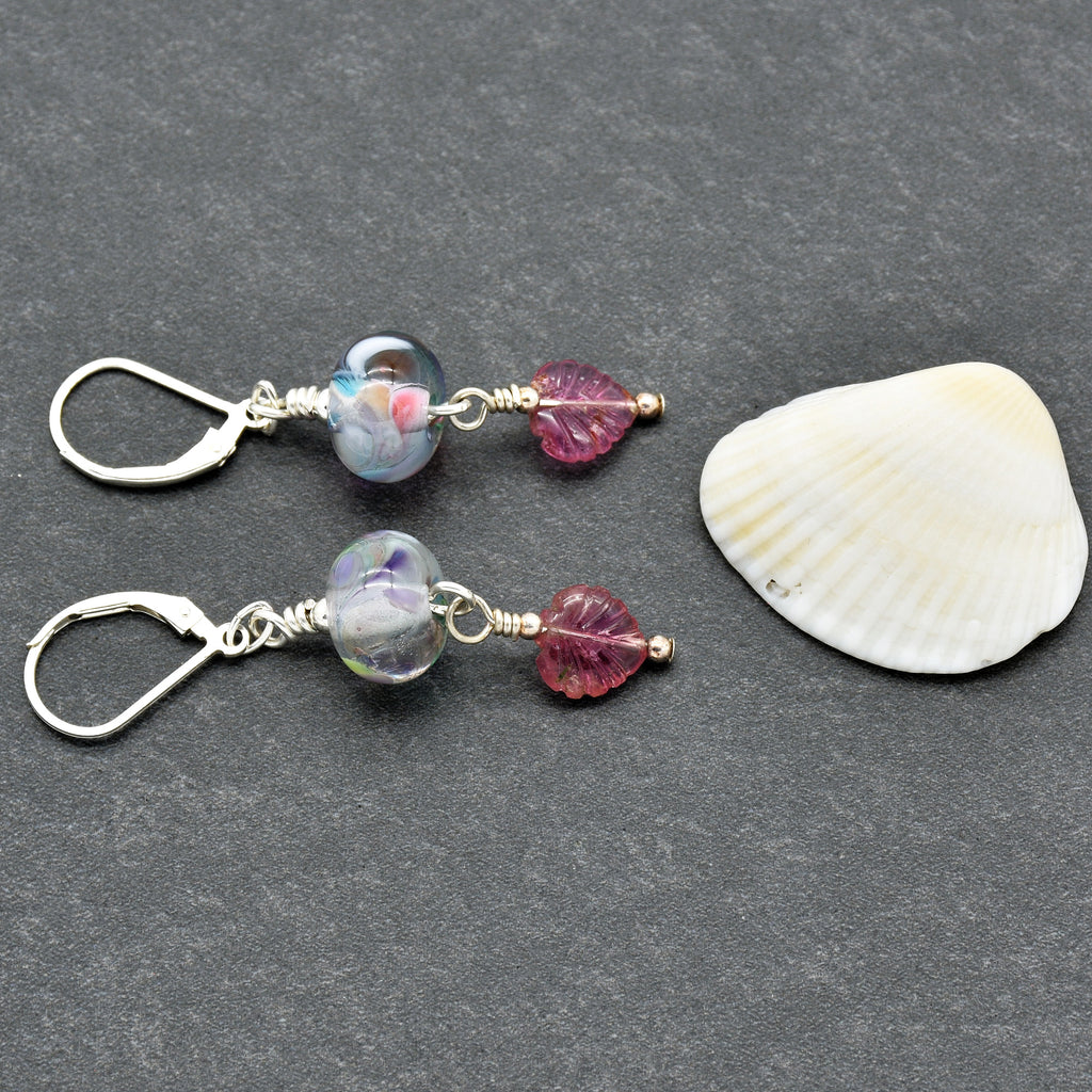 Think Pink Handmade Dangle Earrings, Artisan Lampwork Pastel Glass, Sterling Silver, Pink Tourmaline