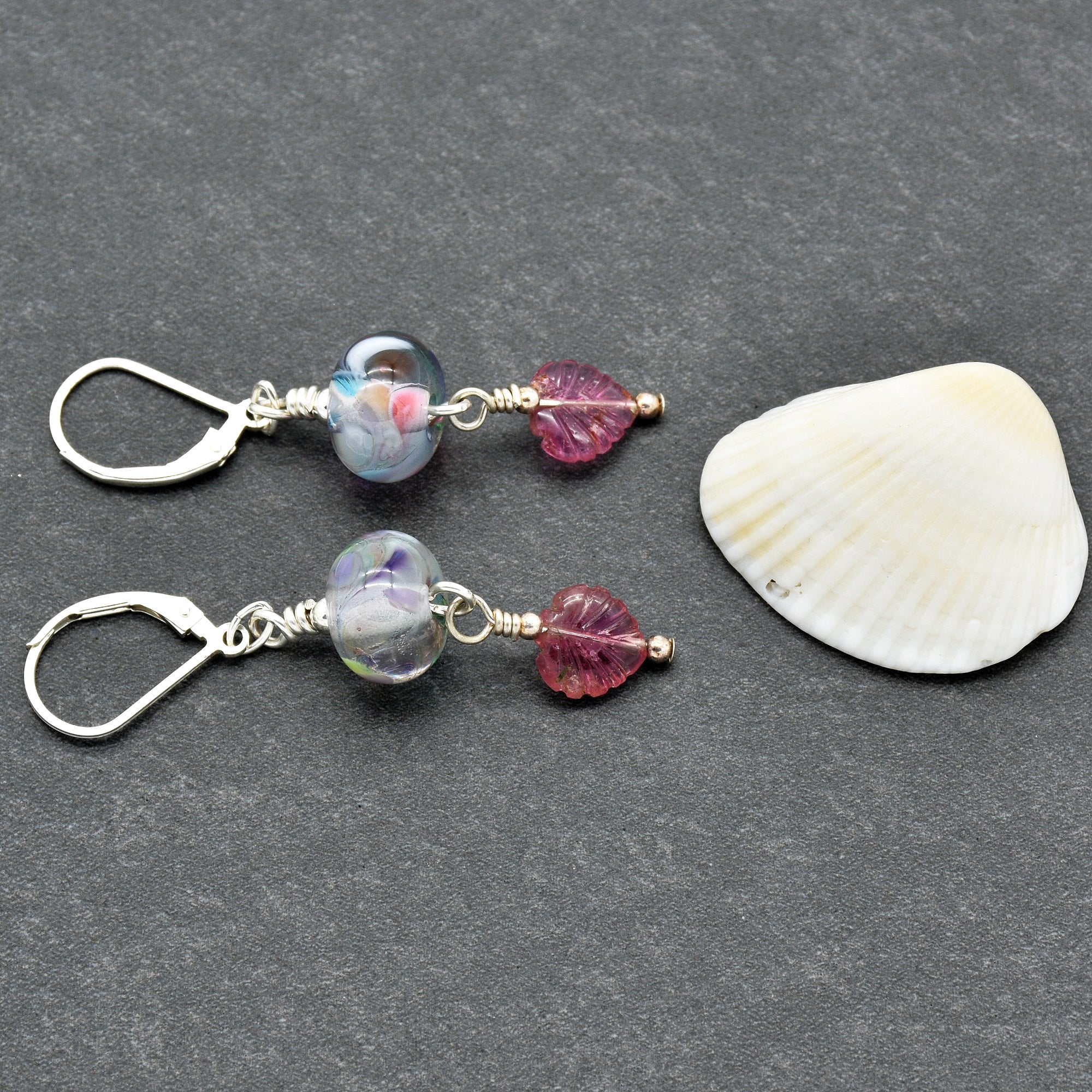 Think Pink Handmade Dangle Earrings, Artisan Lampwork Pastel Glass, Sterling Silver, Pink Tourmaline