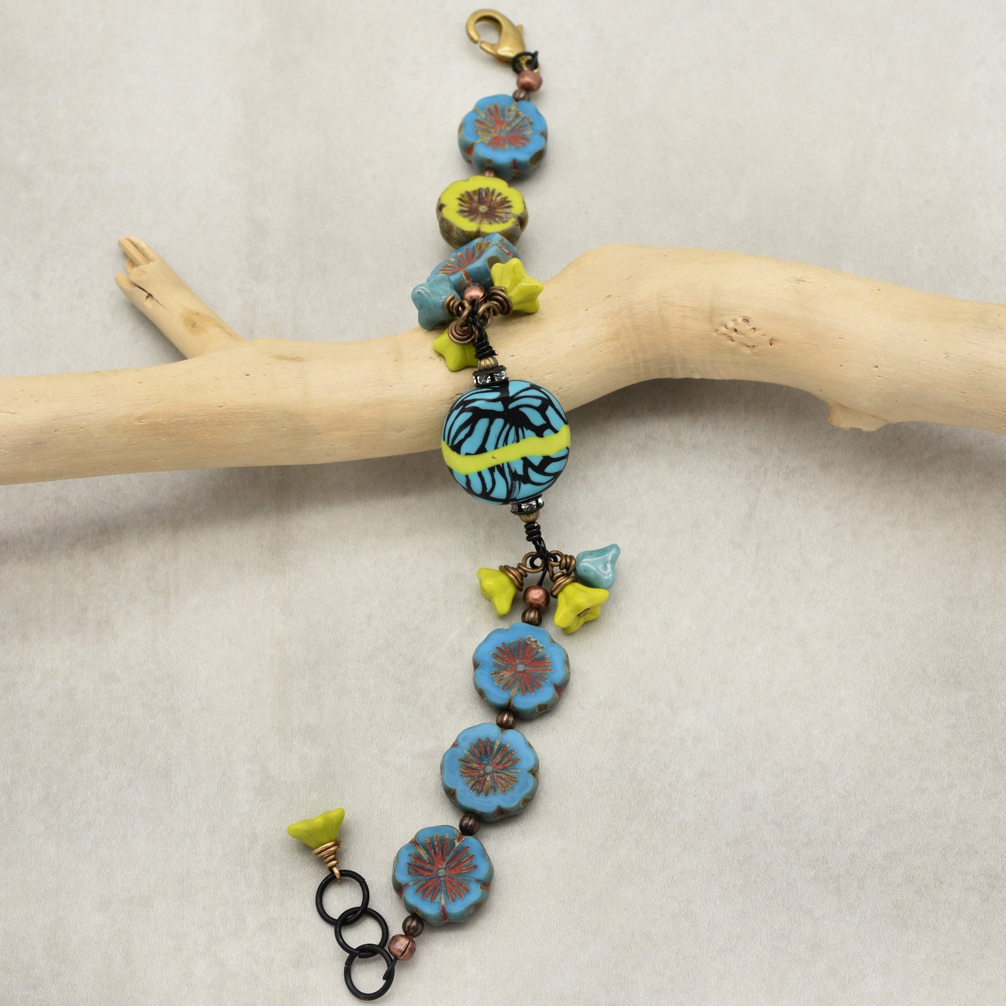 Tribal Turquoise Handmade Beaded Bracelet with Artisan Polymer Clay Lime Green and Turquoise Focal and Czech Glass Flowers