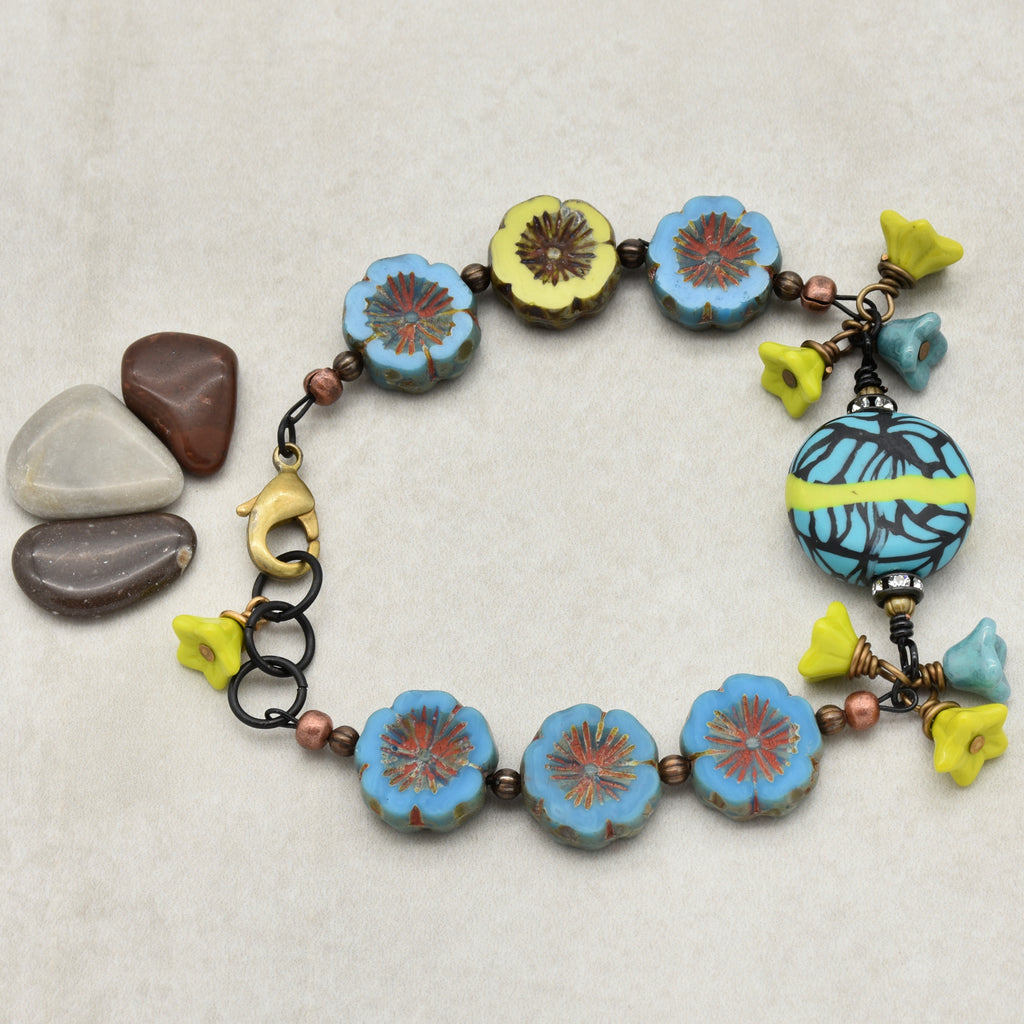 Tribal Turquoise Handmade Beaded Bracelet with Artisan Polymer Clay Lime Green and Turquoise Focal and Czech Glass Flowers