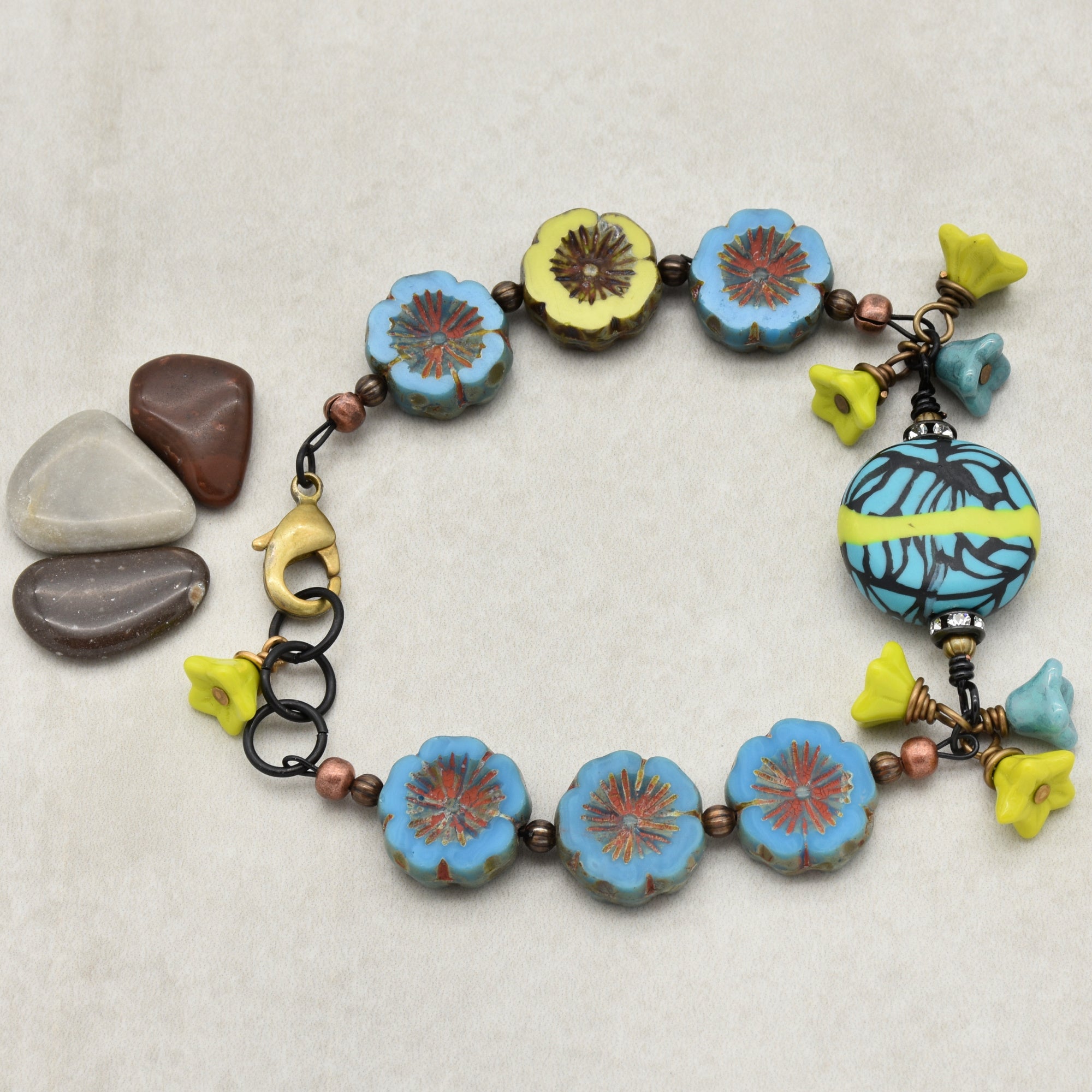 Tribal Turquoise Handmade Beaded Bracelet with Artisan Polymer Clay Lime Green and Turquoise Focal and Czech Glass Flowers