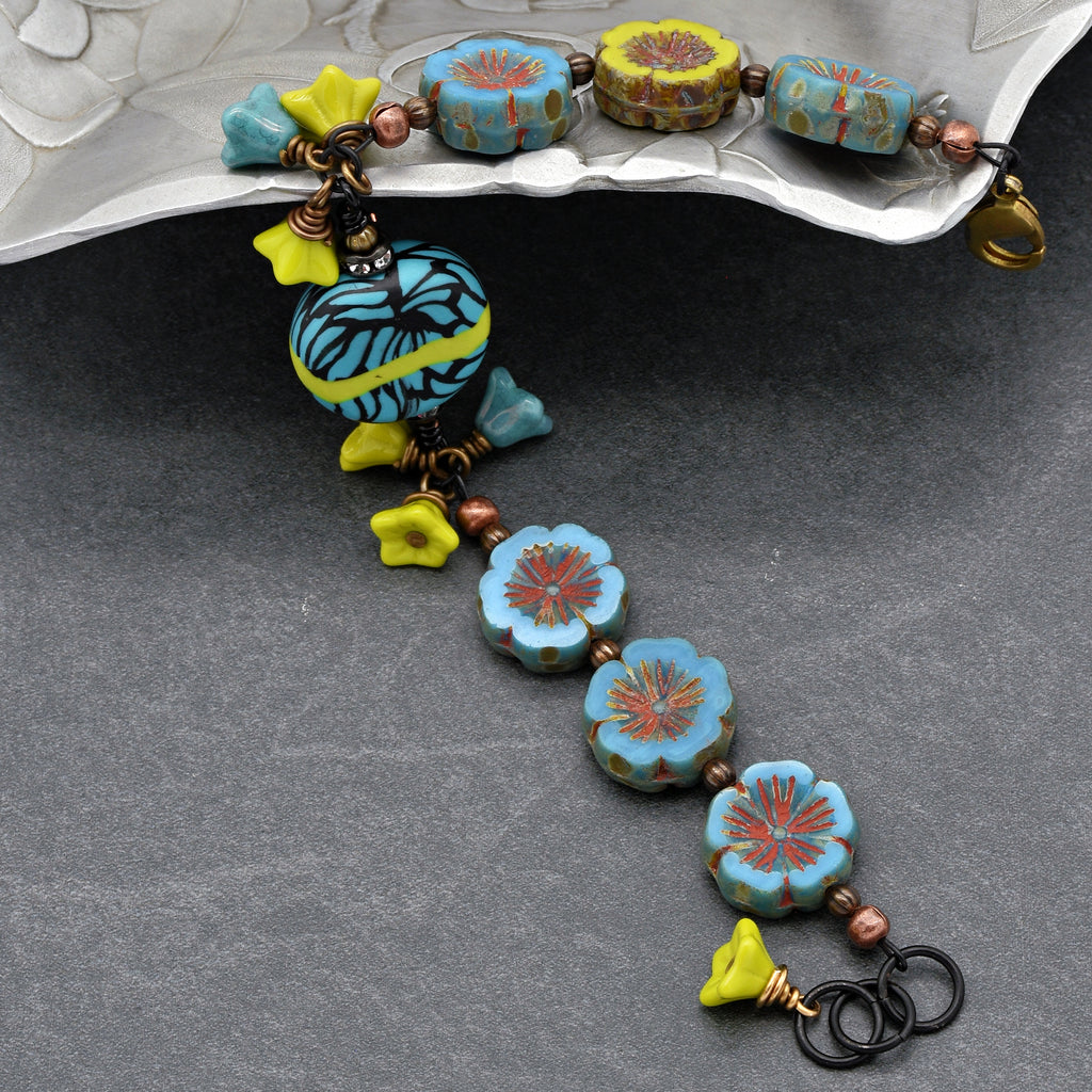 Tribal Turquoise Handmade Beaded Bracelet with Artisan Polymer Clay Lime Green and Turquoise Focal and Czech Glass Flowers