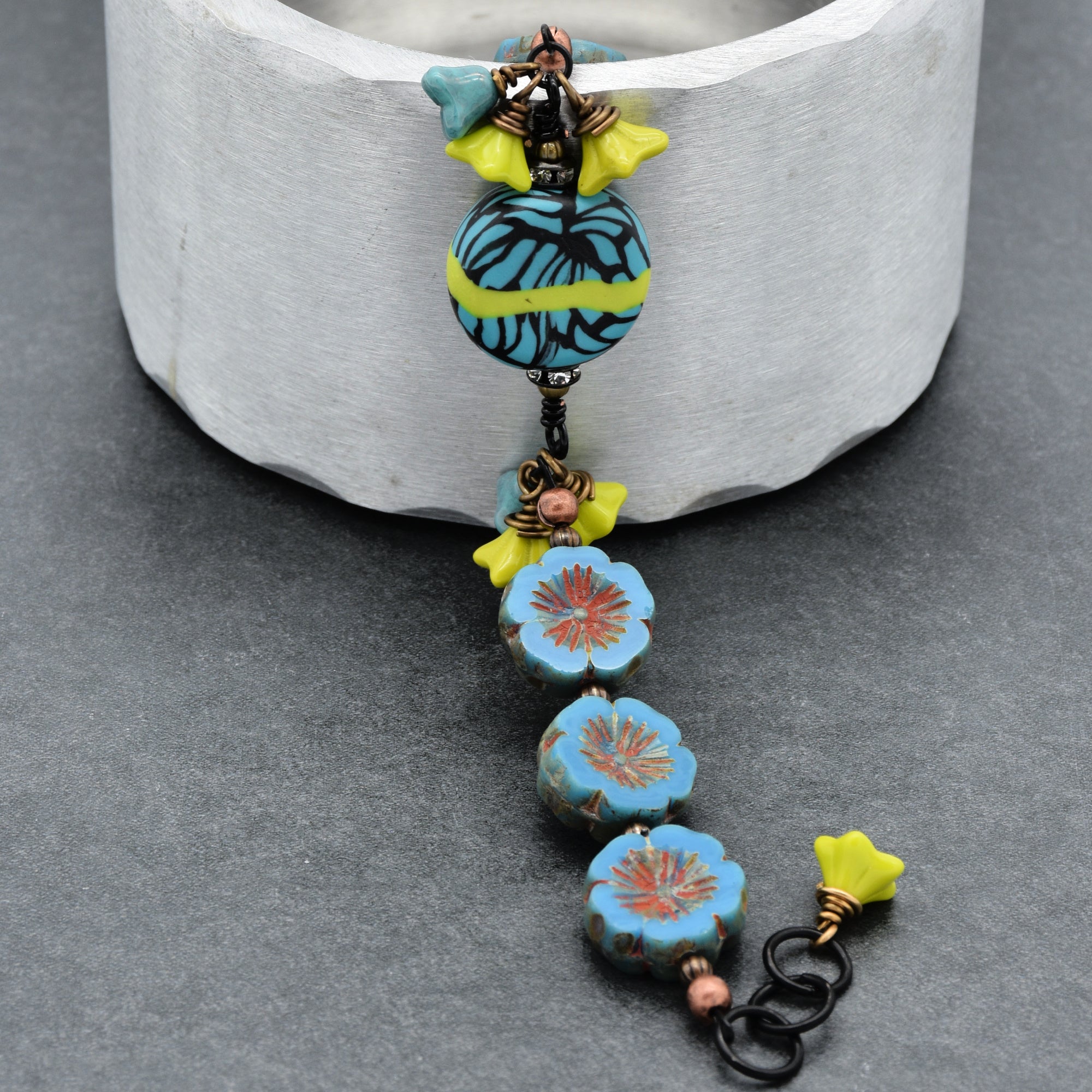 Tribal Turquoise Handmade Beaded Bracelet with Artisan Polymer Clay Lime Green and Turquoise Focal and Czech Glass Flowers
