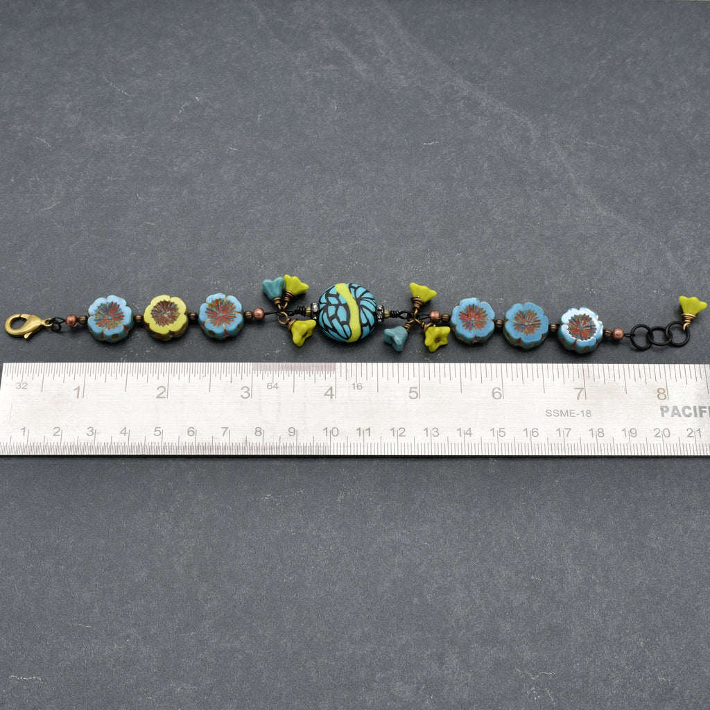 Tribal Turquoise Handmade Beaded Bracelet with Artisan Polymer Clay Lime Green and Turquoise Focal and Czech Glass Flowers
