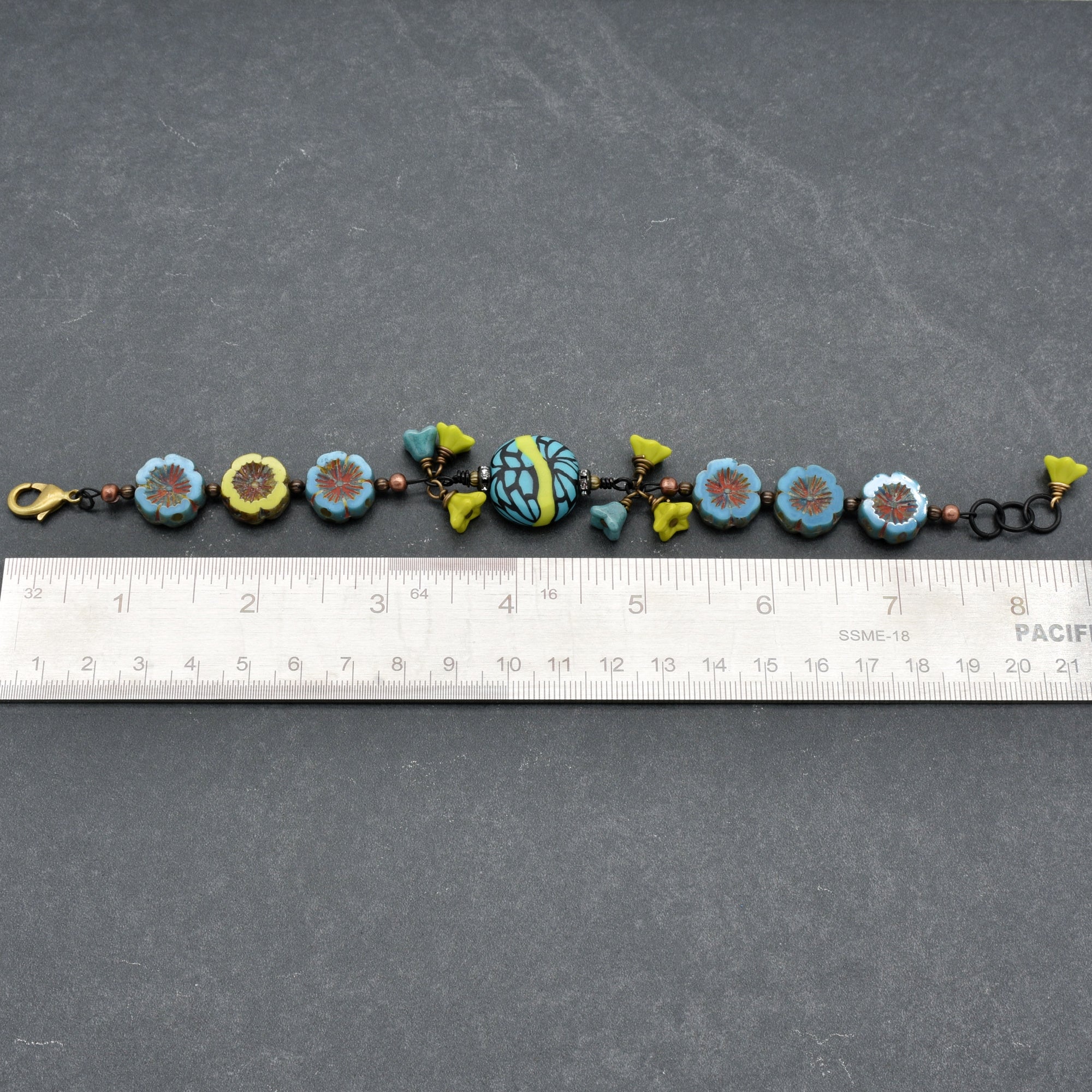 Tribal Turquoise Handmade Beaded Bracelet with Artisan Polymer Clay Lime Green and Turquoise Focal and Czech Glass Flowers