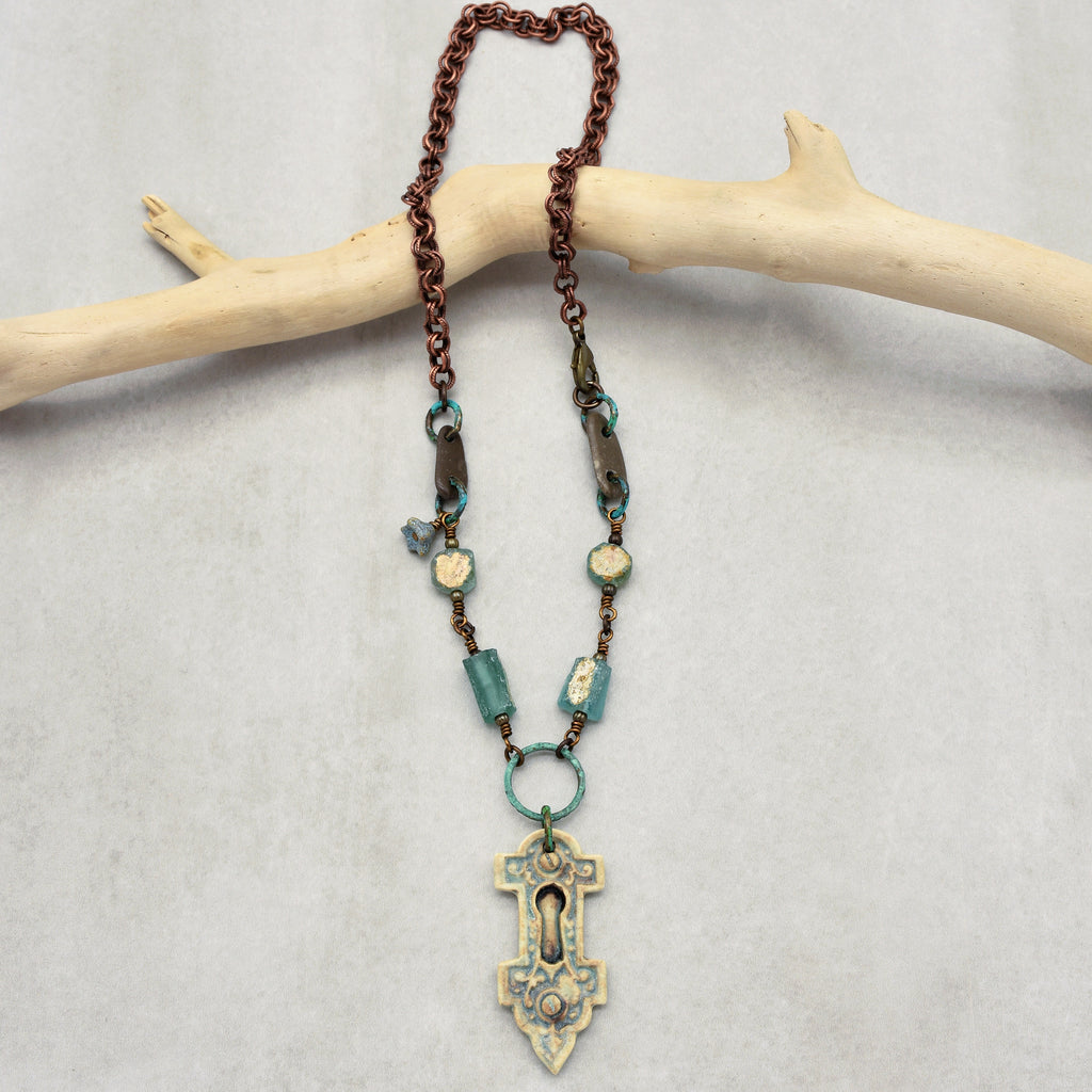 Roman Glass Verdigris Handmade Necklace with Artisan Porcelain Focal, Beach Stones, Roman Glass