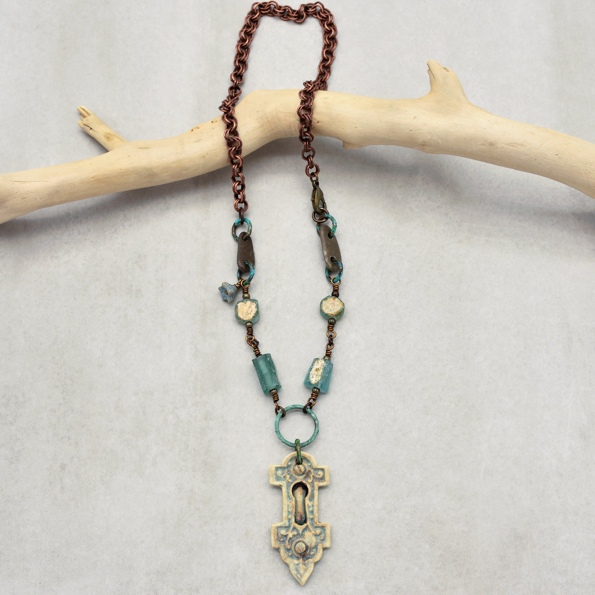 Roman Glass Verdigris Handmade Necklace with Artisan Porcelain Focal, Beach Stones, Roman Glass