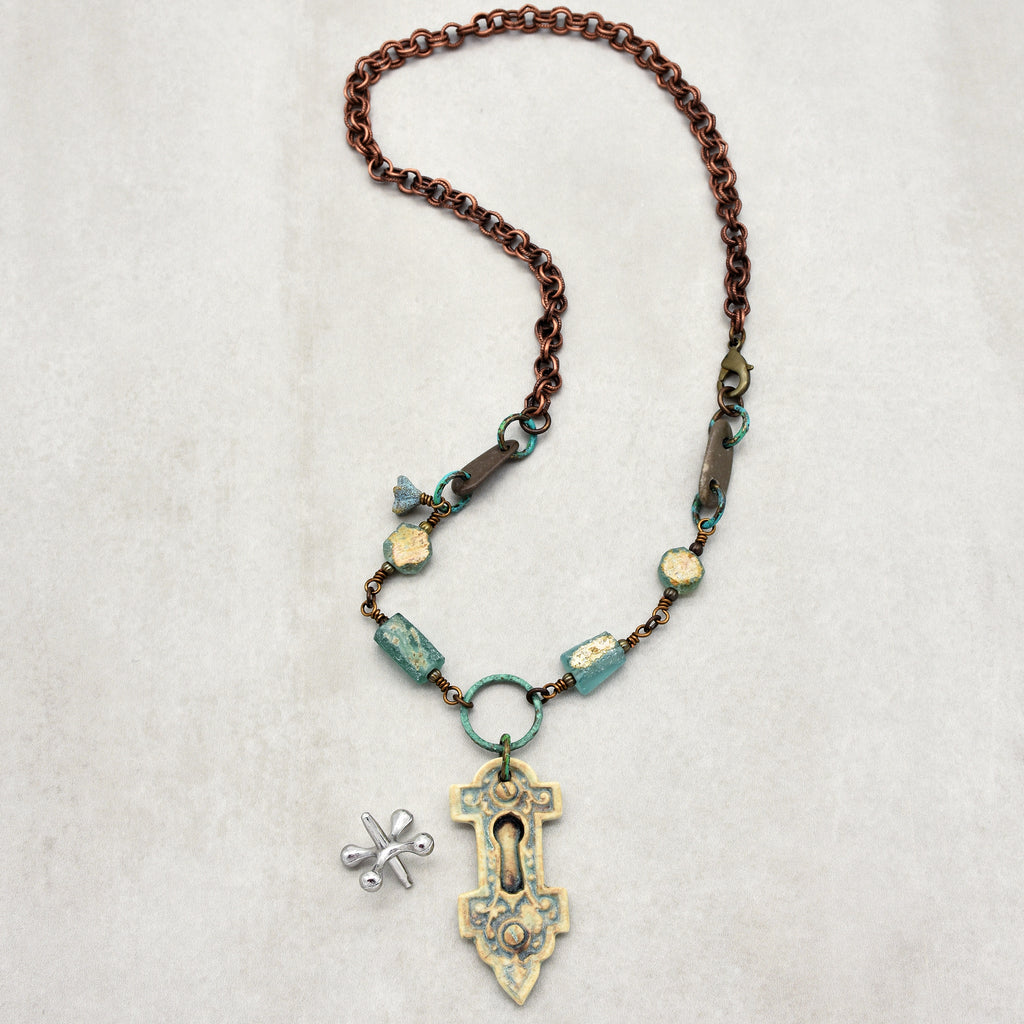 Roman Glass Verdigris Handmade Necklace with Artisan Porcelain Focal, Beach Stones, Roman Glass