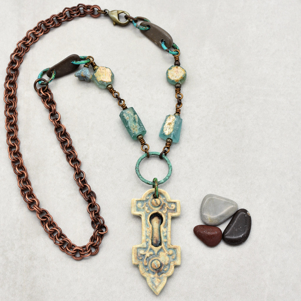 Roman Glass Verdigris Handmade Necklace with Artisan Porcelain Focal, Beach Stones, Roman Glass