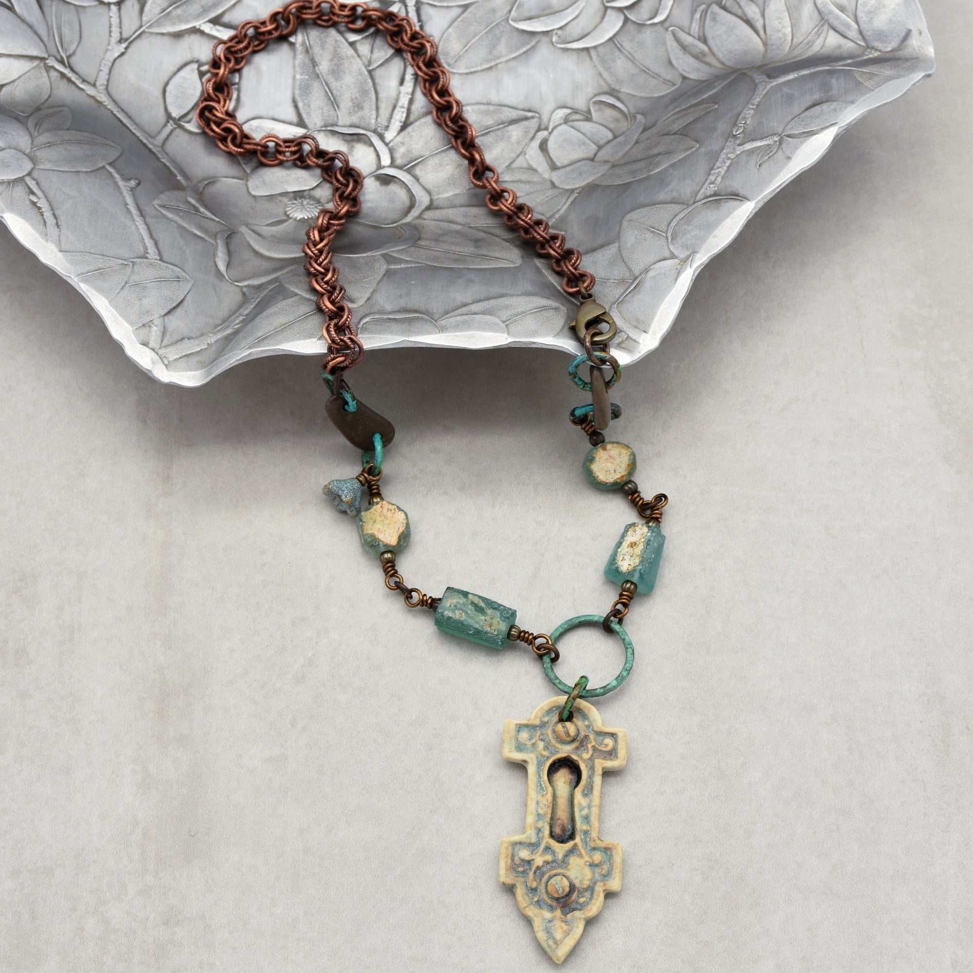 Roman Glass Verdigris Handmade Necklace with Artisan Porcelain Focal, Beach Stones, Roman Glass