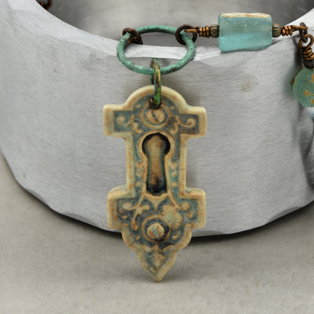 Roman Glass Verdigris Handmade Necklace with Artisan Porcelain Focal, Beach Stones, Roman Glass