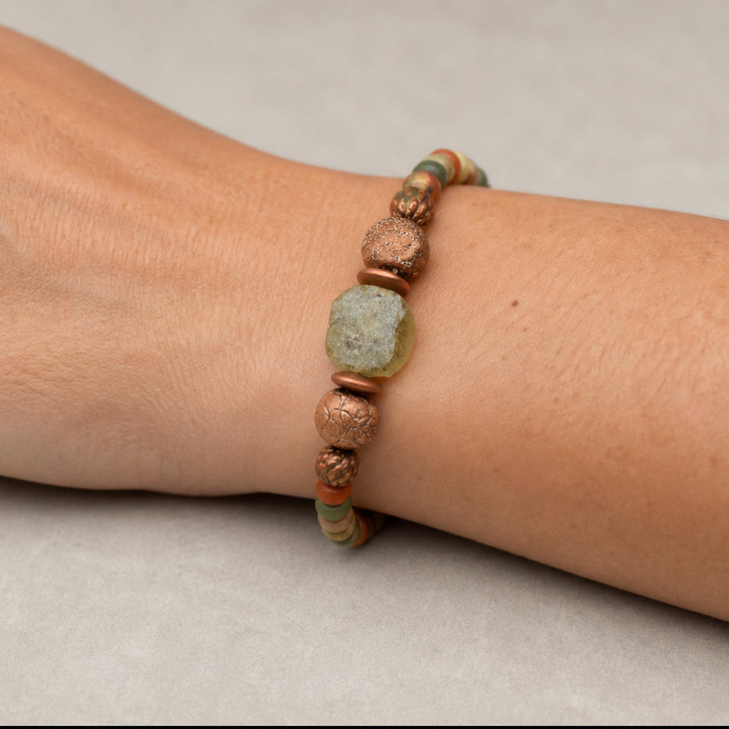 Ancient Roman Glass Bracelet - Artisan Ceramic, Indonesian Glass & Antique Copper