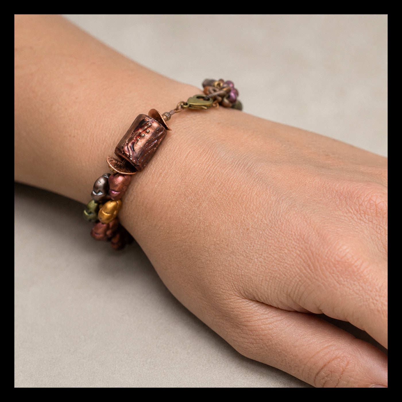Autumn Tones Bracelet - Raku, Artisan Ceramic and Fresh Water Pearls