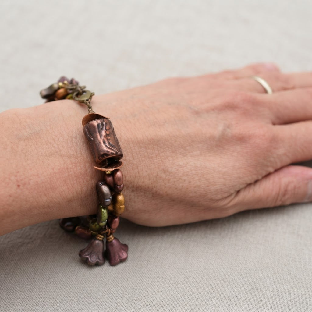 Autumn Tones Bracelet - Raku, Artisan Ceramic and Fresh Water Pearls