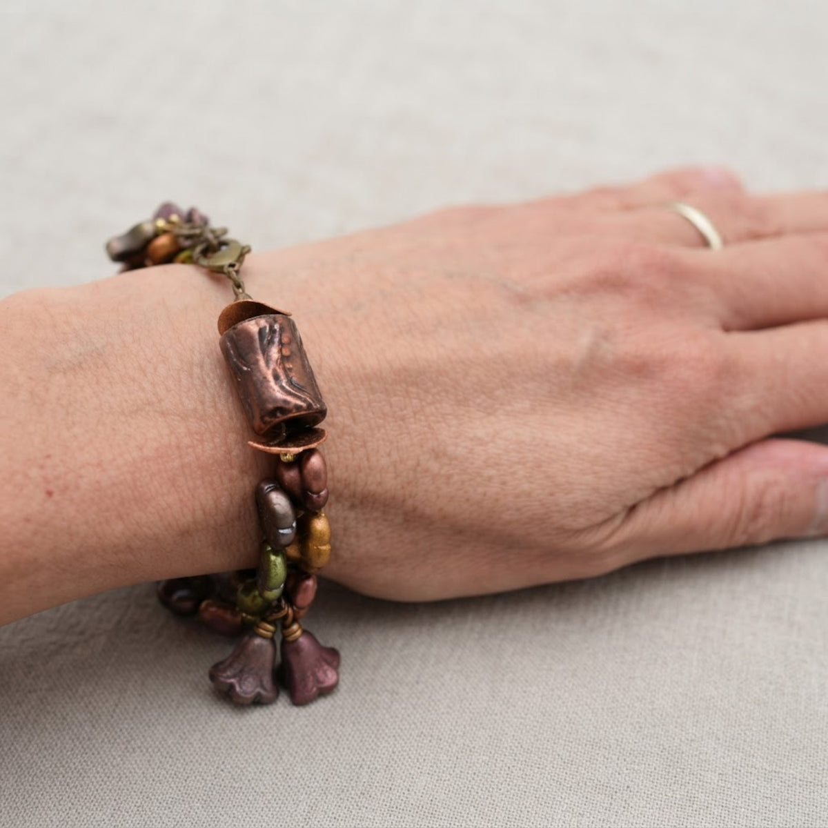 Autumn Tones Bracelet - Raku, Artisan Ceramic and Fresh Water Pearls