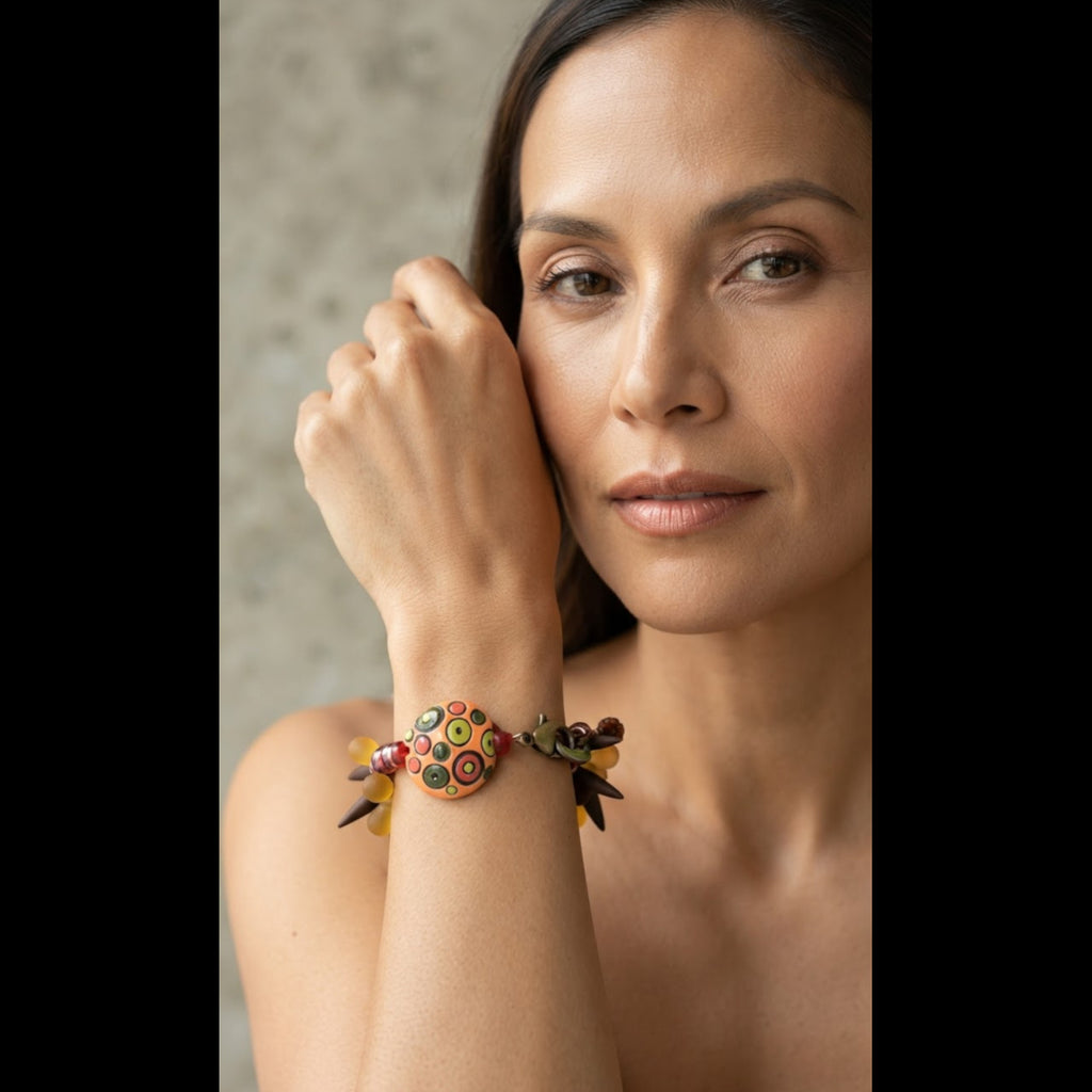 Circles and Spikes Bracelet - Boho Orange Green Ceramic Art