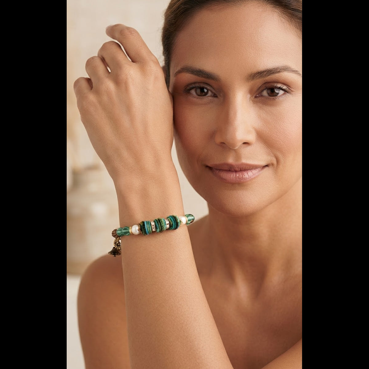 Cozy Handmade Beaded Bracelet - Fresh Water Pearls & Fabric Textile Barrels