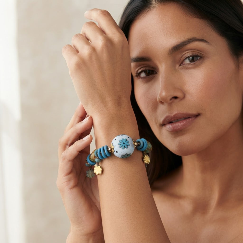 Denim Daisy Bracelet - Artisan Polymer Clay and Czech Glass
