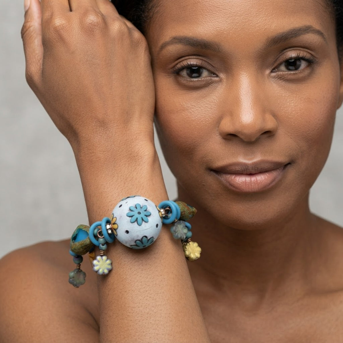 Denim Daisy Bracelet - Artisan Polymer Clay and Czech Glass