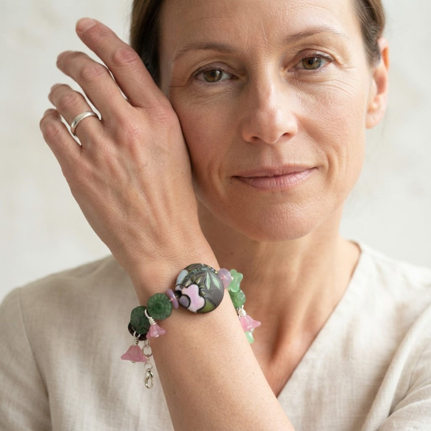 Dragonfly Pond Bracelet - Artisan Ceramic, Green Aventurine & Czech Glass