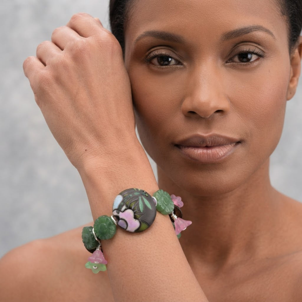 Dragonfly Pond Bracelet - Artisan Ceramic, Green Aventurine & Czech Glass