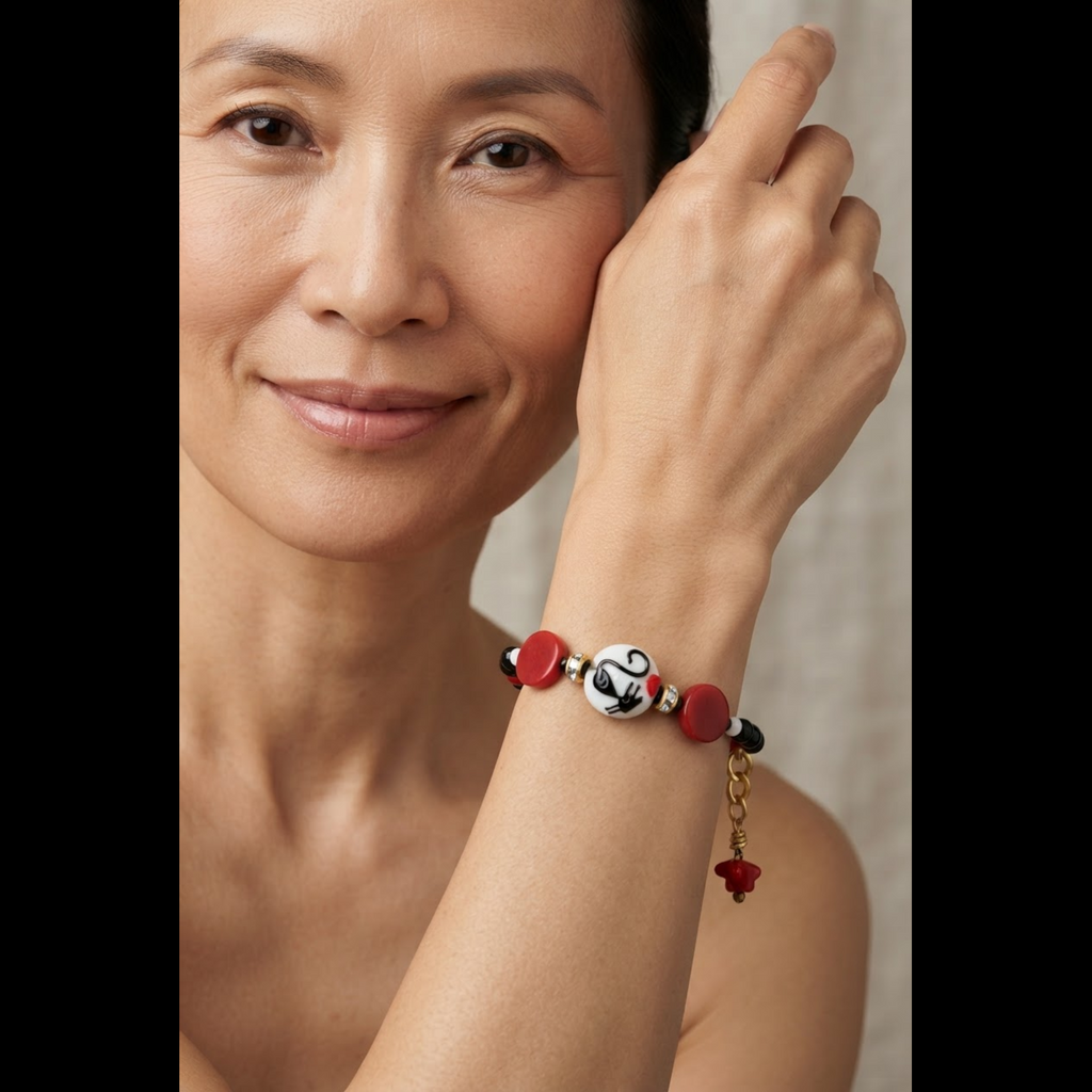 Kitty Cat Bracelet - Artisan Lampwork Glass, Black Onyx, Red Jade