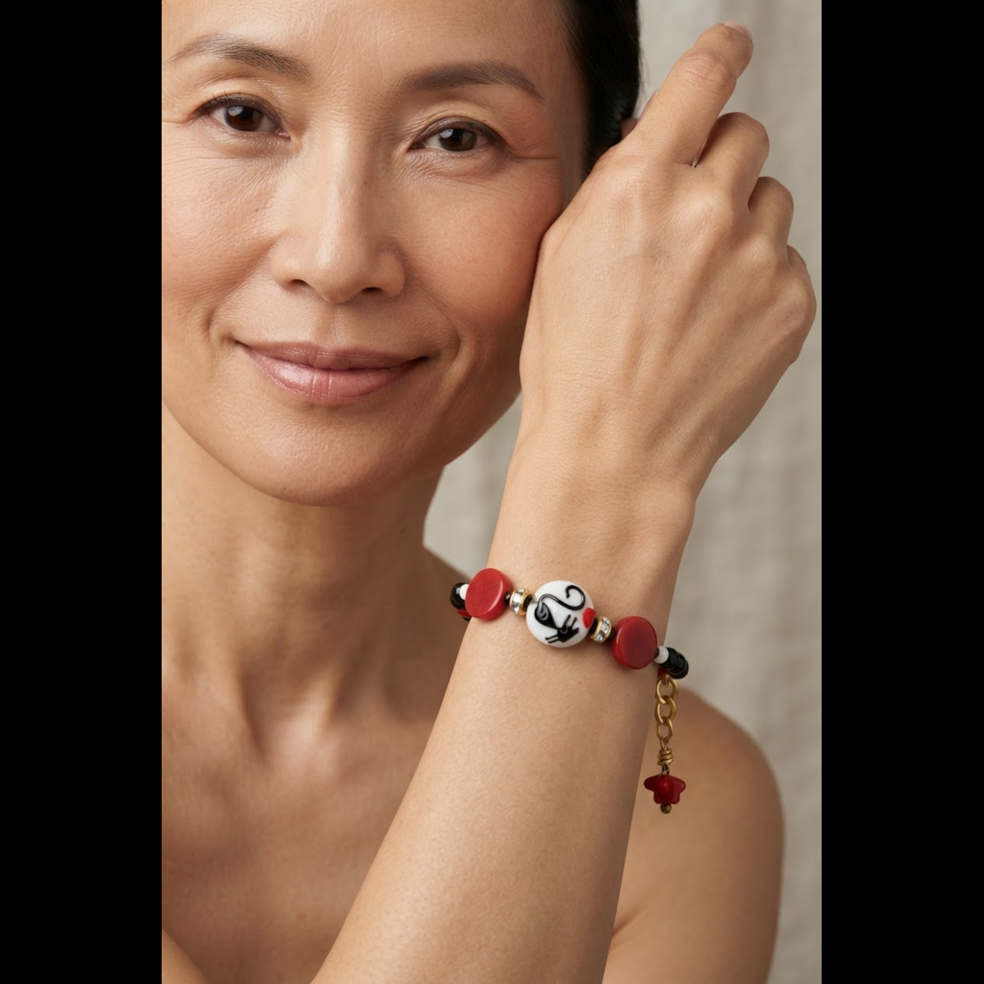 Kitty Cat Bracelet - Artisan Lampwork Glass, Black Onyx, Red Jade