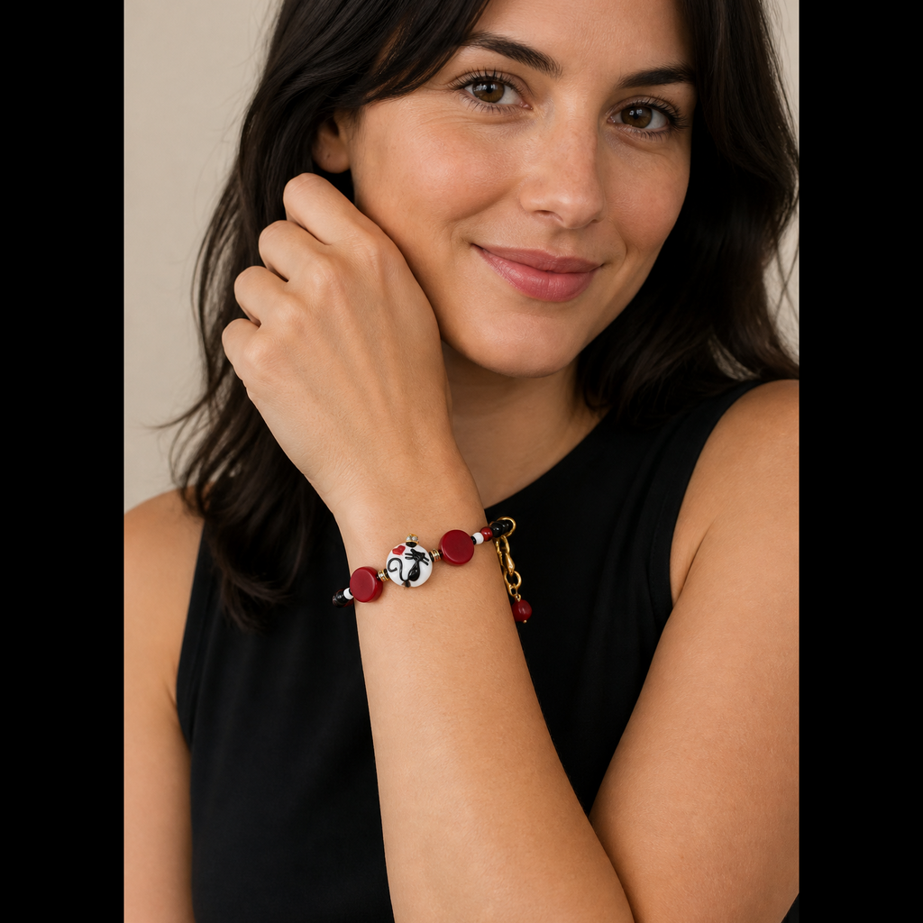 Kitty Cat Bracelet - Artisan Lampwork Glass, Black Onyx, Red Jade