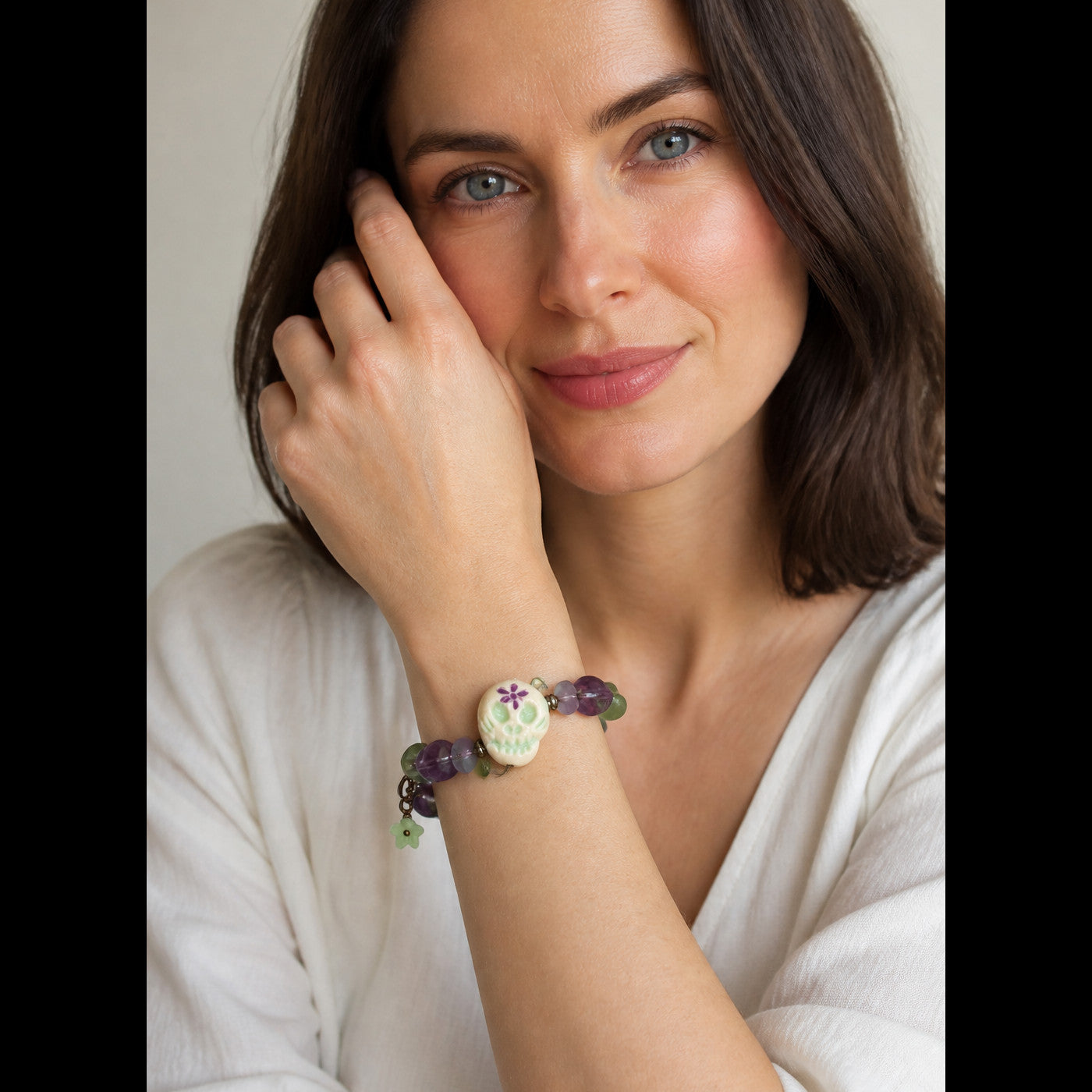 Mardi Gras Sugar Skull Bracelet - Artisan Ceramic & Rainbow Fluorite