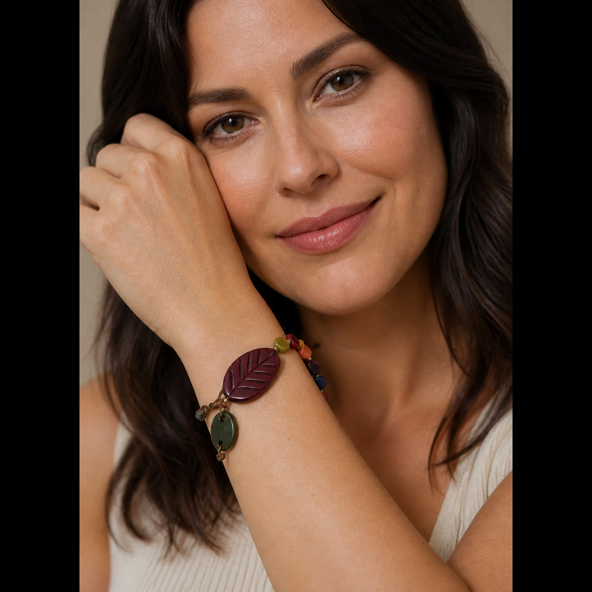 Merlot Leaf Bracelet - Burgundy Horn Leaf & Tagua Nuts