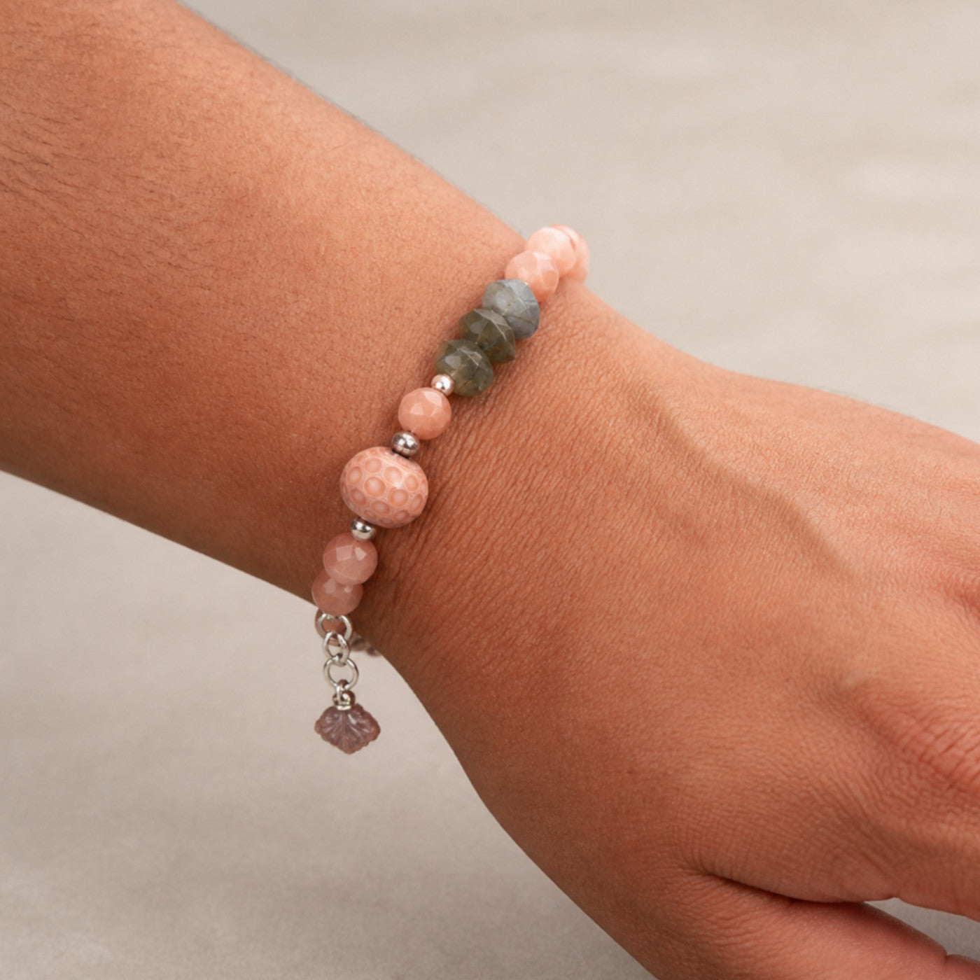 Peaches Bracelet - Artisan Lampwork Glass, Peach Moonstone & Sterling Silver