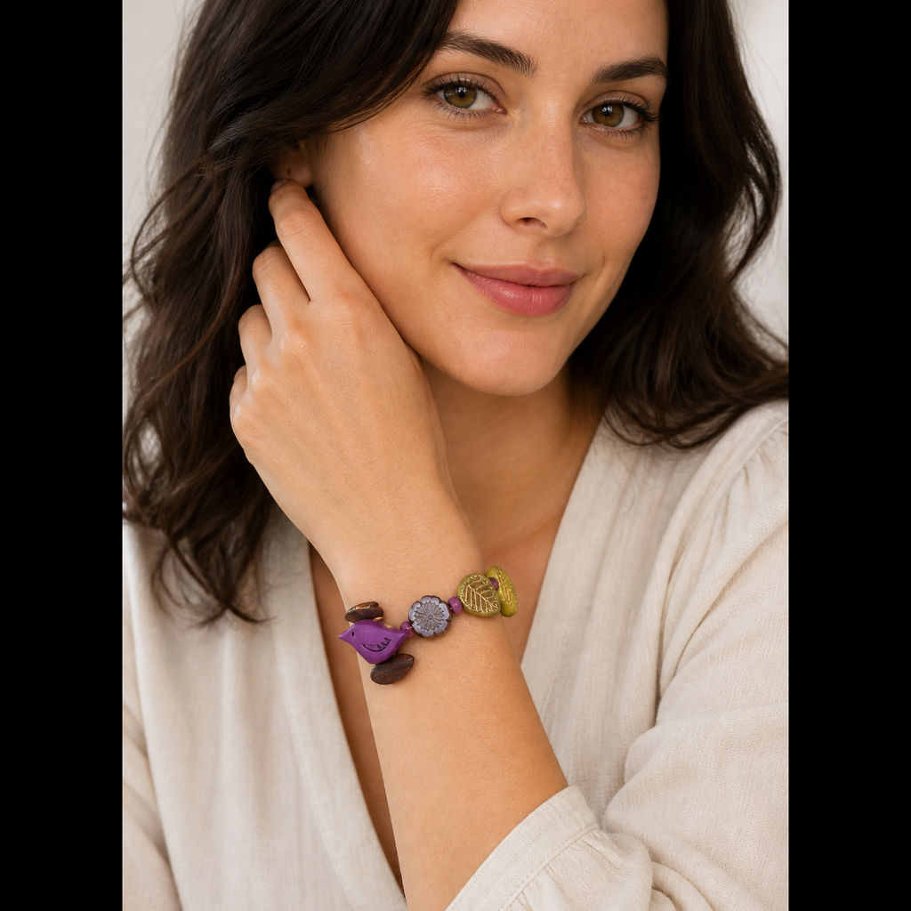 Chirp Bracelet - Artisan Polymer Clay Bird and Czech Glass
