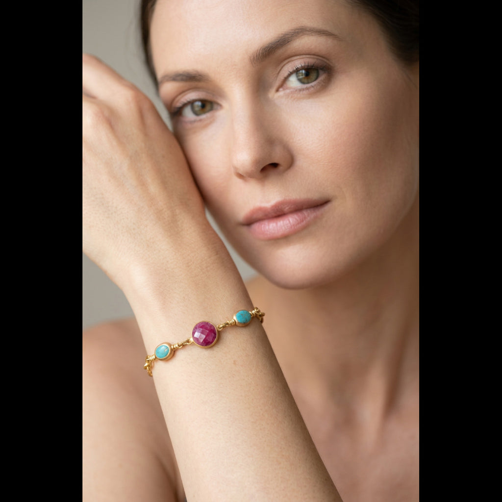 Ruby Red and Turquoise Bracelet - Handmade Artisan Jewelry