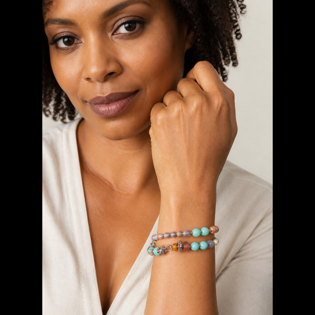 Sonora Sunrise Bracelet - Triple Strand Boho, Amazonite & Amethyst