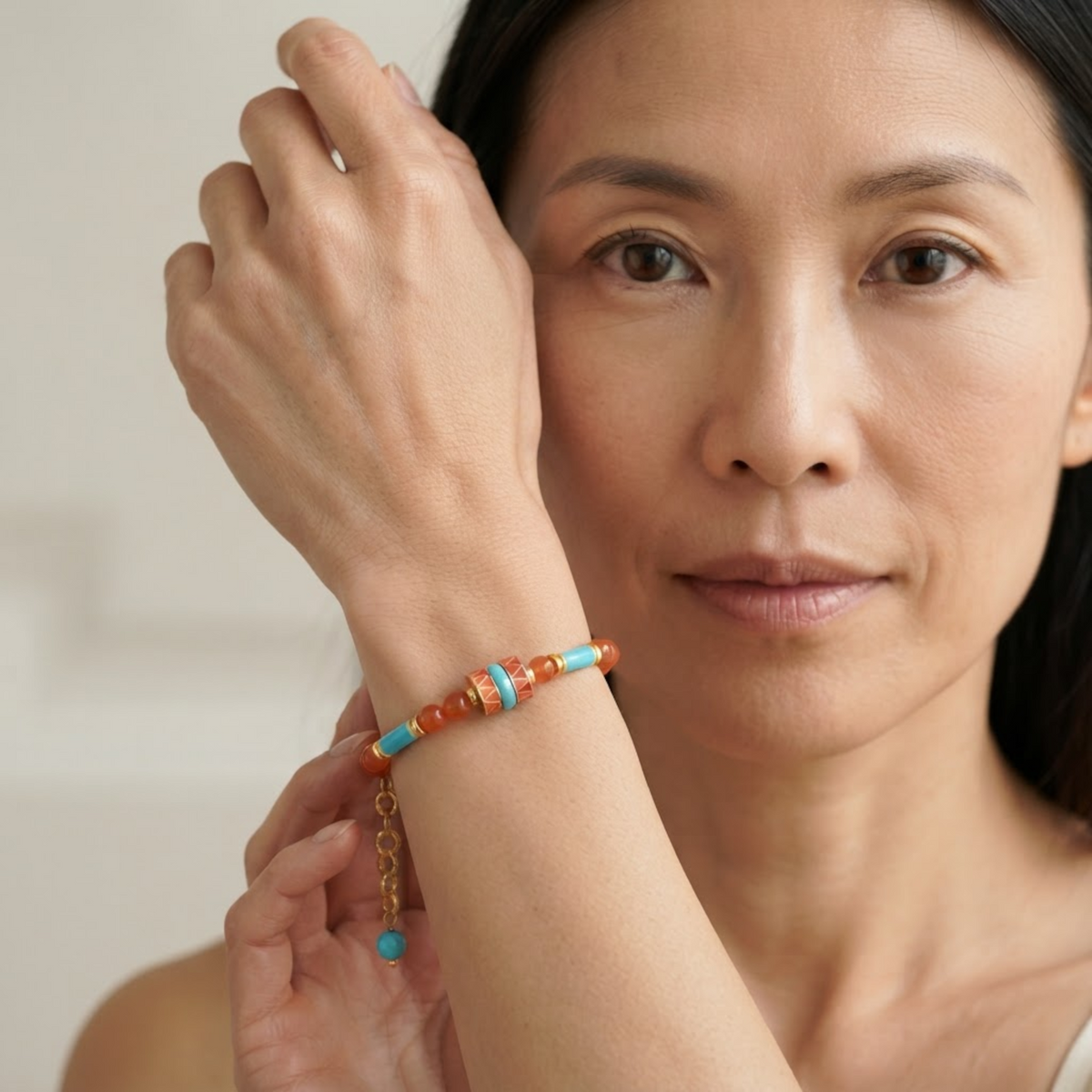 Watermelon Blues Bracelet - Handmade Beaded Bracelet with Turquoise and Jade Artisan Jewelry