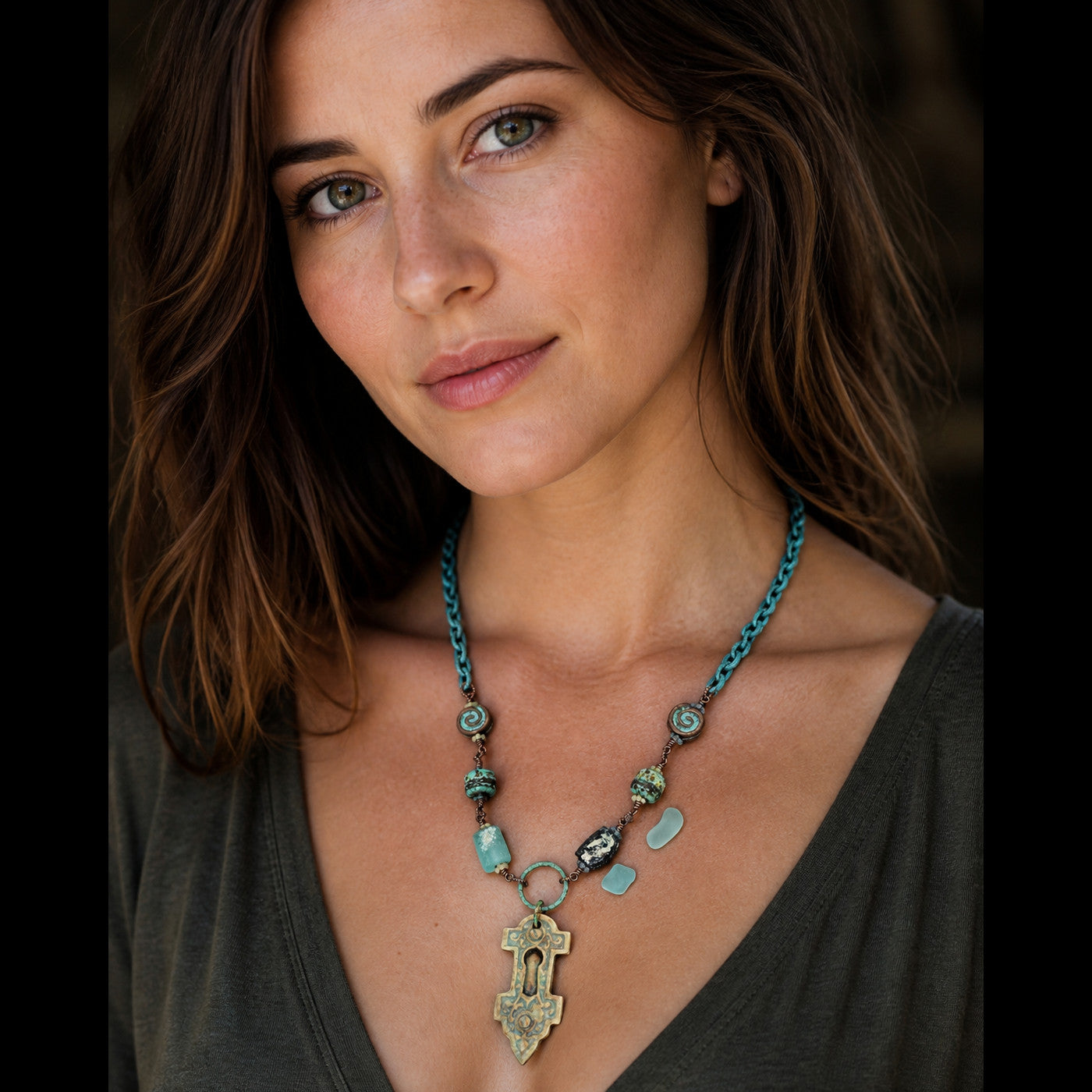 Ancient Roman Glass Necklace - Artisan Porcelain Focal, Lampwork Glass, Verdigris Chain