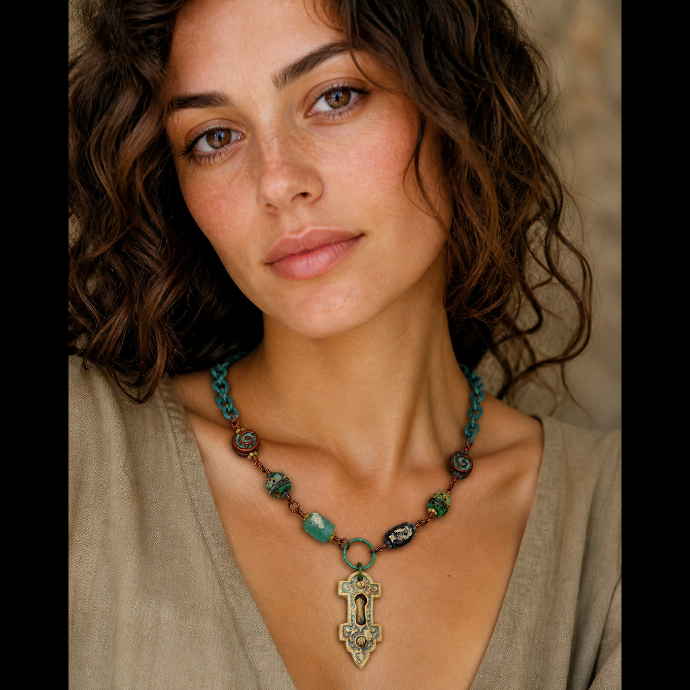 Ancient Roman Glass Necklace - Artisan Porcelain Focal, Lampwork Glass, Verdigris Chain
