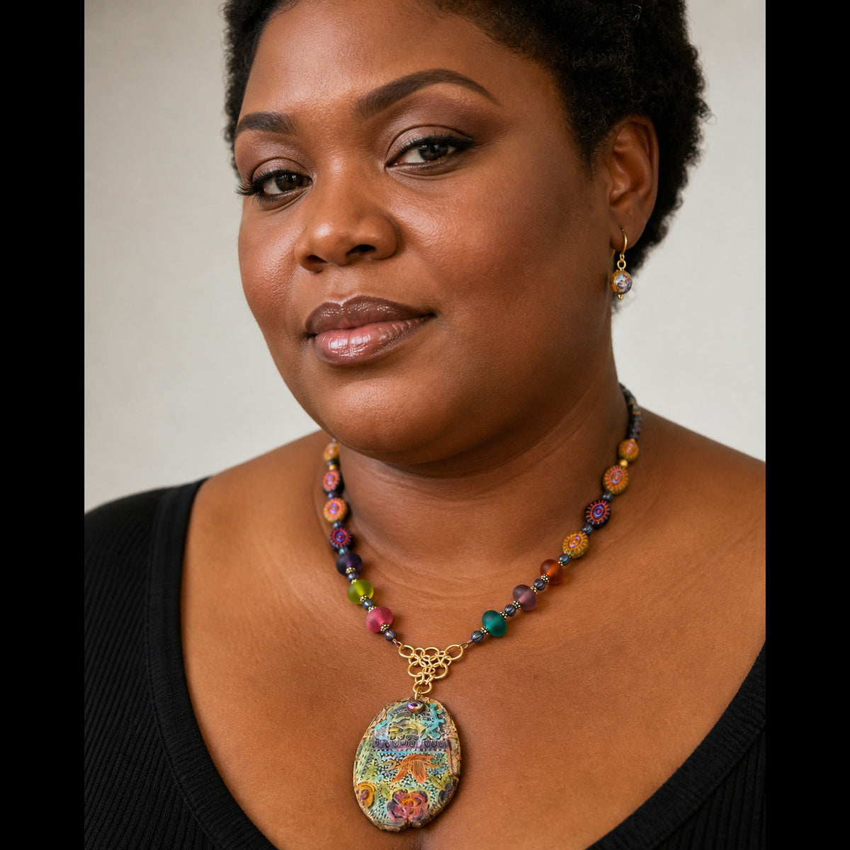 Artifact Colorful Statement Necklace - Artisan Polymer Clay Focal & Lampwork Glass