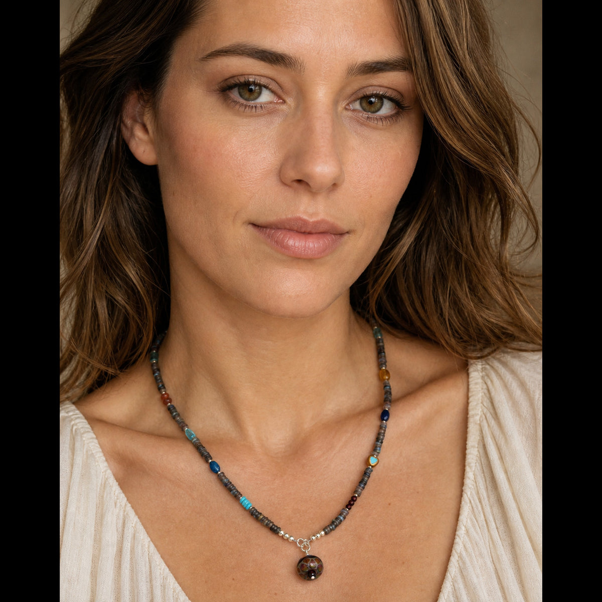 Athena Goddess Necklace - Artisan Lampwork Glass, Labradorite & Turquoise