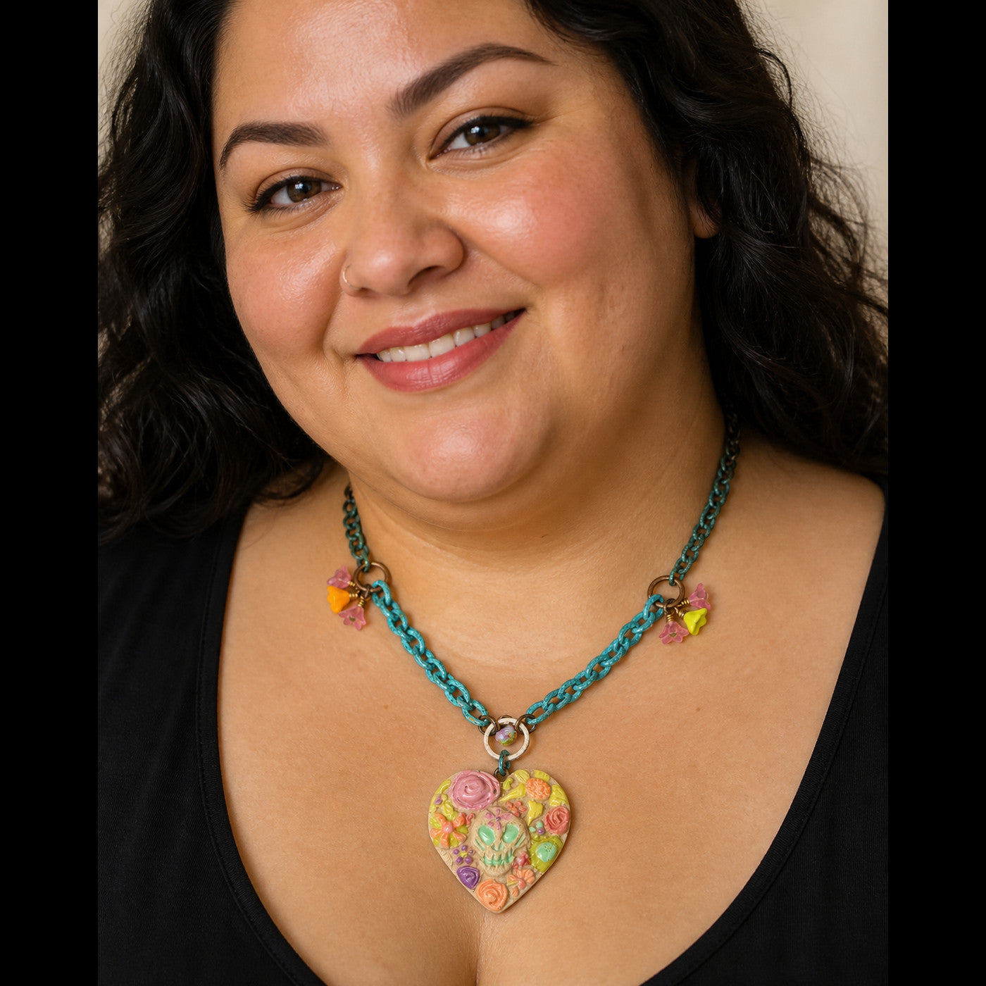 Azucar Dia de los Muertos Necklace - Artisan Ceramic Focal & Verdigris Chain