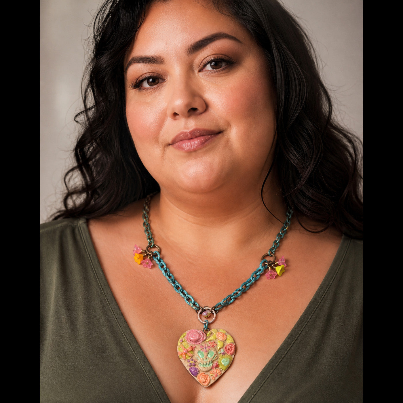 Azucar Dia de los Muertos Necklace - Artisan Ceramic Focal & Verdigris Chain