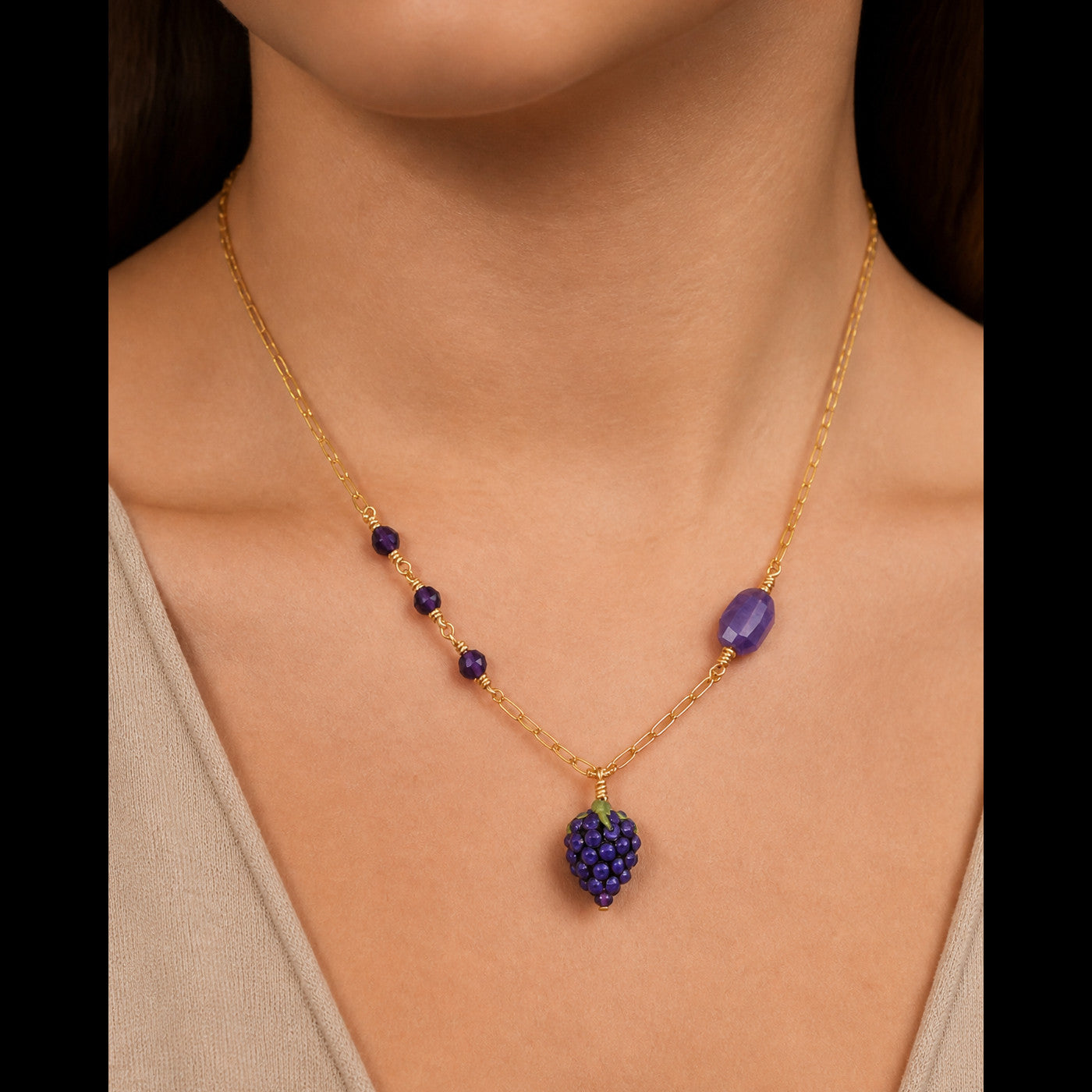 Blackberry Necklace - Artisan Lampwork Glass & Amethyst